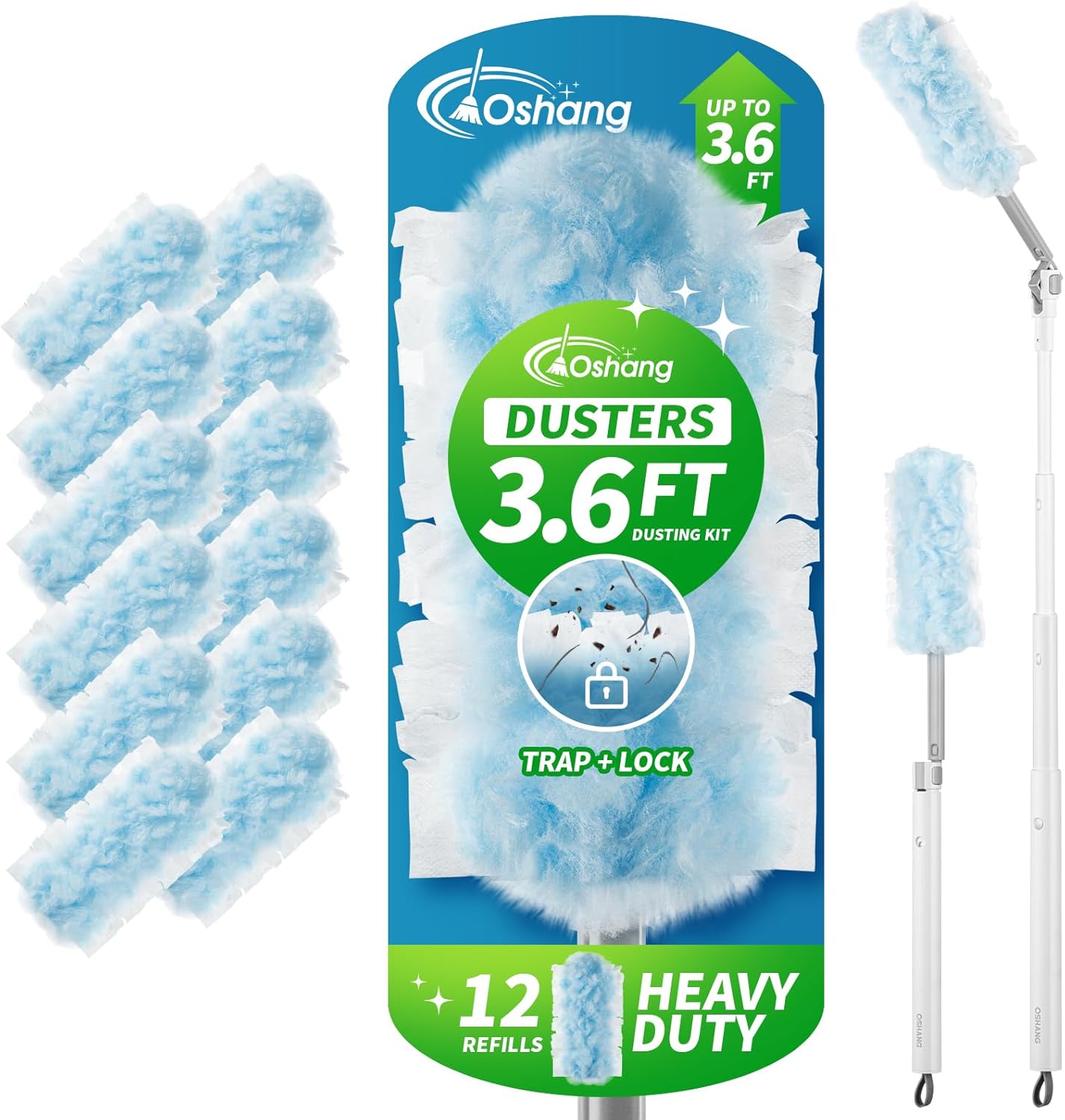oshang Duster Heavy Duty 3.6 ft Extended Handle Dusting Kit - Multi-Surface Cleaning | Home, Office, Furniture, Ceiling Fan | Powerful Dust Removal | Feather Dusters (1 Duster + 12 Refills)