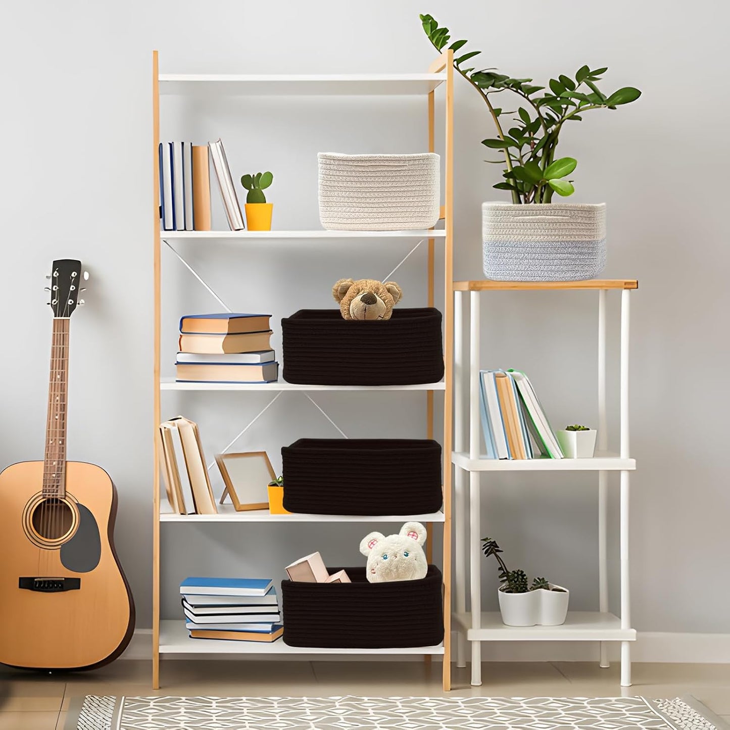 COMFY-HOMI 13" x 8.5" x 5.1" Storage Baskets for Organizing | Cotton Rope Woven Basket | Toy Storage Bin Box | Basket for Shelves, Closet Organizer Bin, Decorative Closet Shelf, 3 Pack, All Black