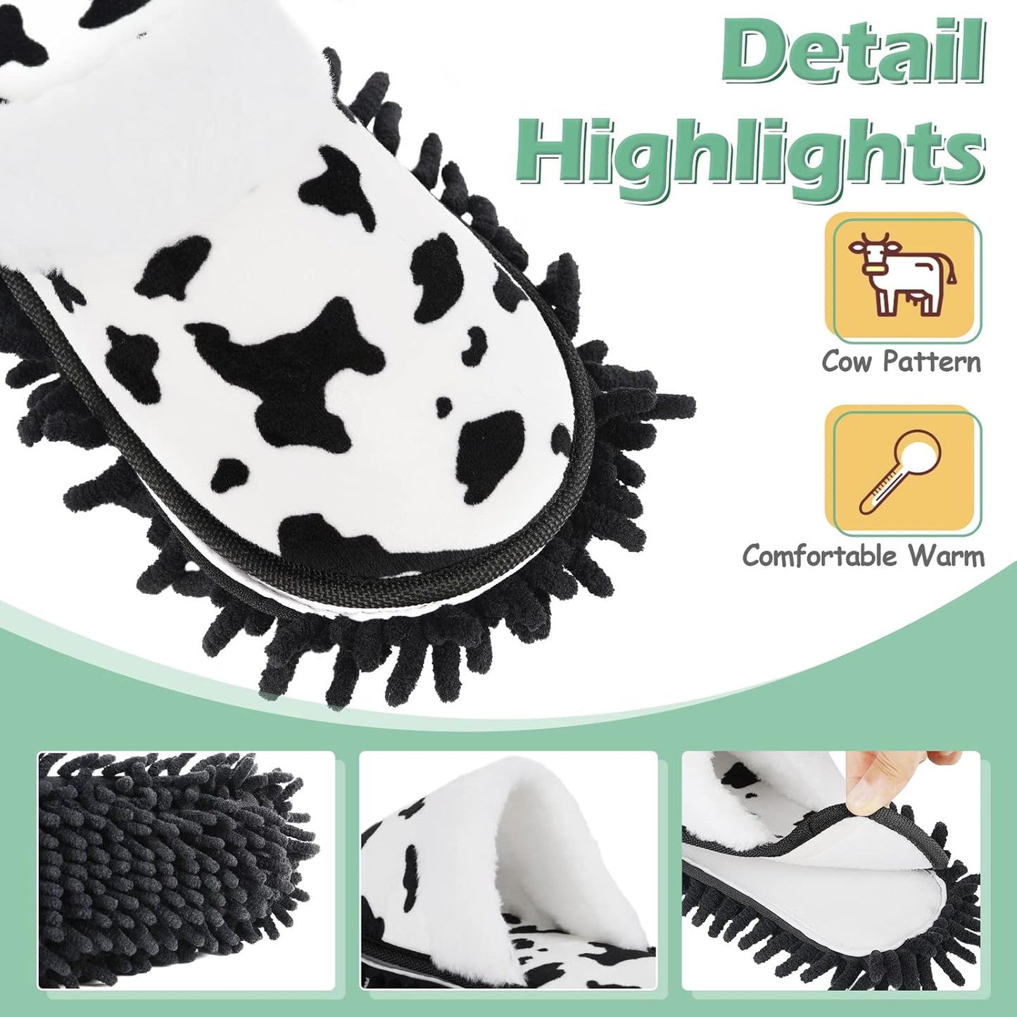 Microfiber Floor Mop Slippers House Dust Cleaning Tool Detachable Washable Shoes for Kitchen House Cleaning (Women 8.5-9/Men 11-11.5, Cow pattern)