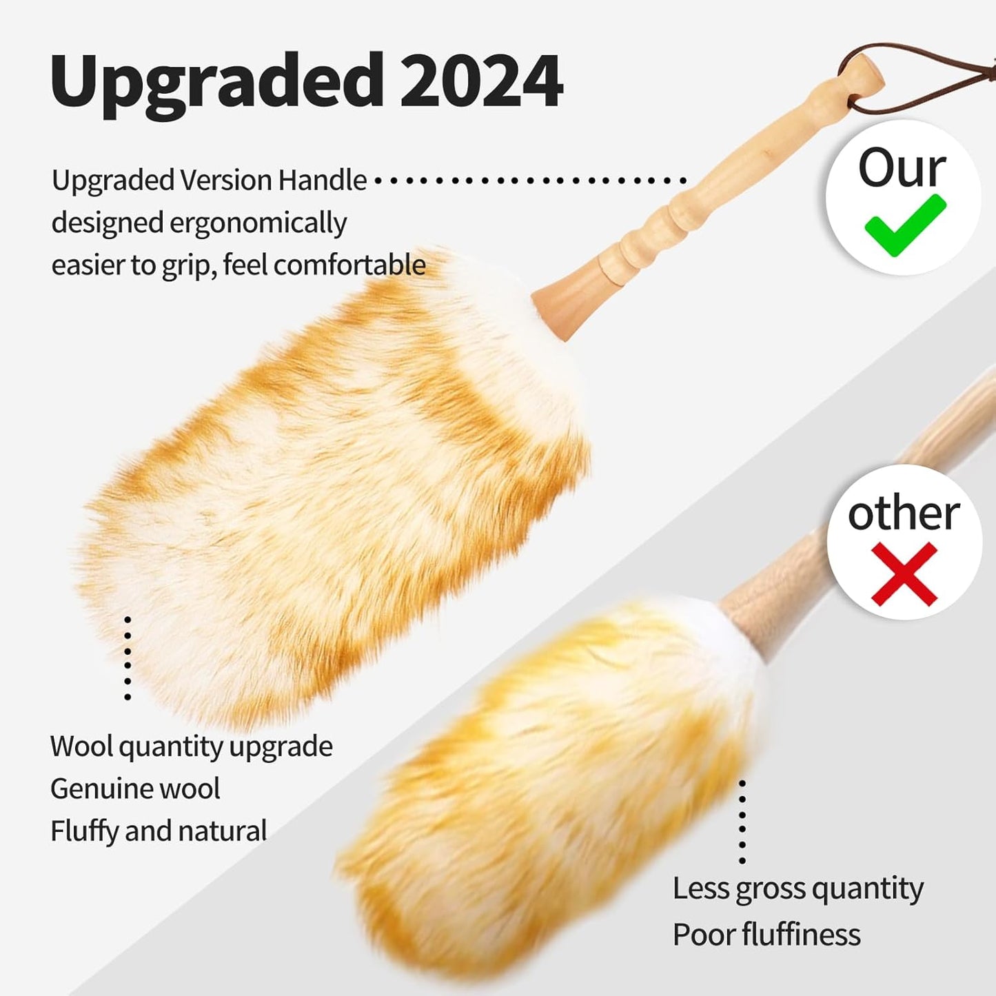 Lambswool Duster with Solid Wooden Handle,Leather Hang Strap,Comfortable Grips 19.6 inch Long Natural Feathers Dusters for Cleaning Wall Plant Desk Blind Cleaner Duster Tool