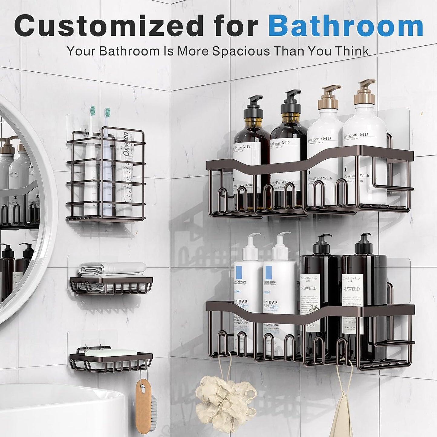 EUDELE 5-Pack Rustproof Stainless Steel Shower Caddy – No Drill Adhesive Bathroom Organizer with Large Capacity, Spacious Shower Shelves for Inside Shower, Kitchen & Home Decor Storage-XL Size