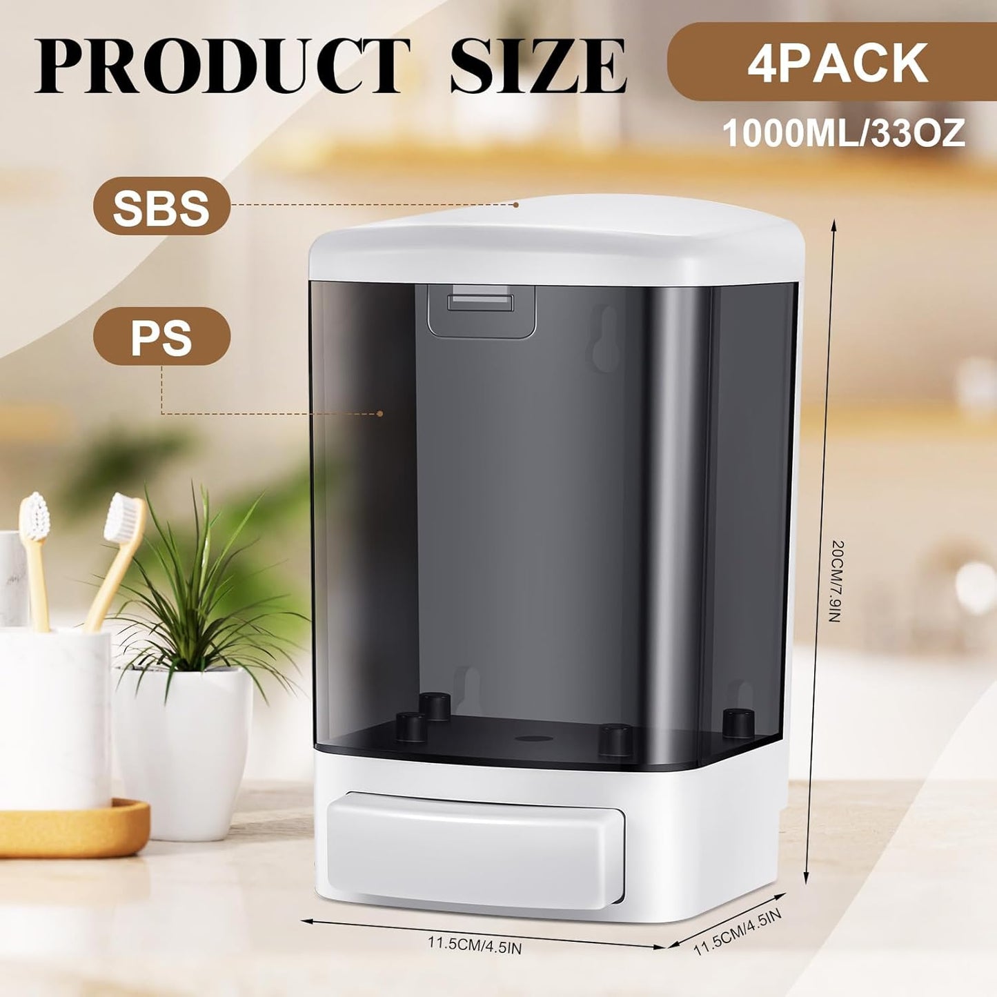 Hushee 4 Pcs Plastic Wall Mounted Soap Dispenser Commercial Manual Soap Containers Wall Dispenser for Kitchen Shower Hotel Liquid Shampoo Gel Chamber