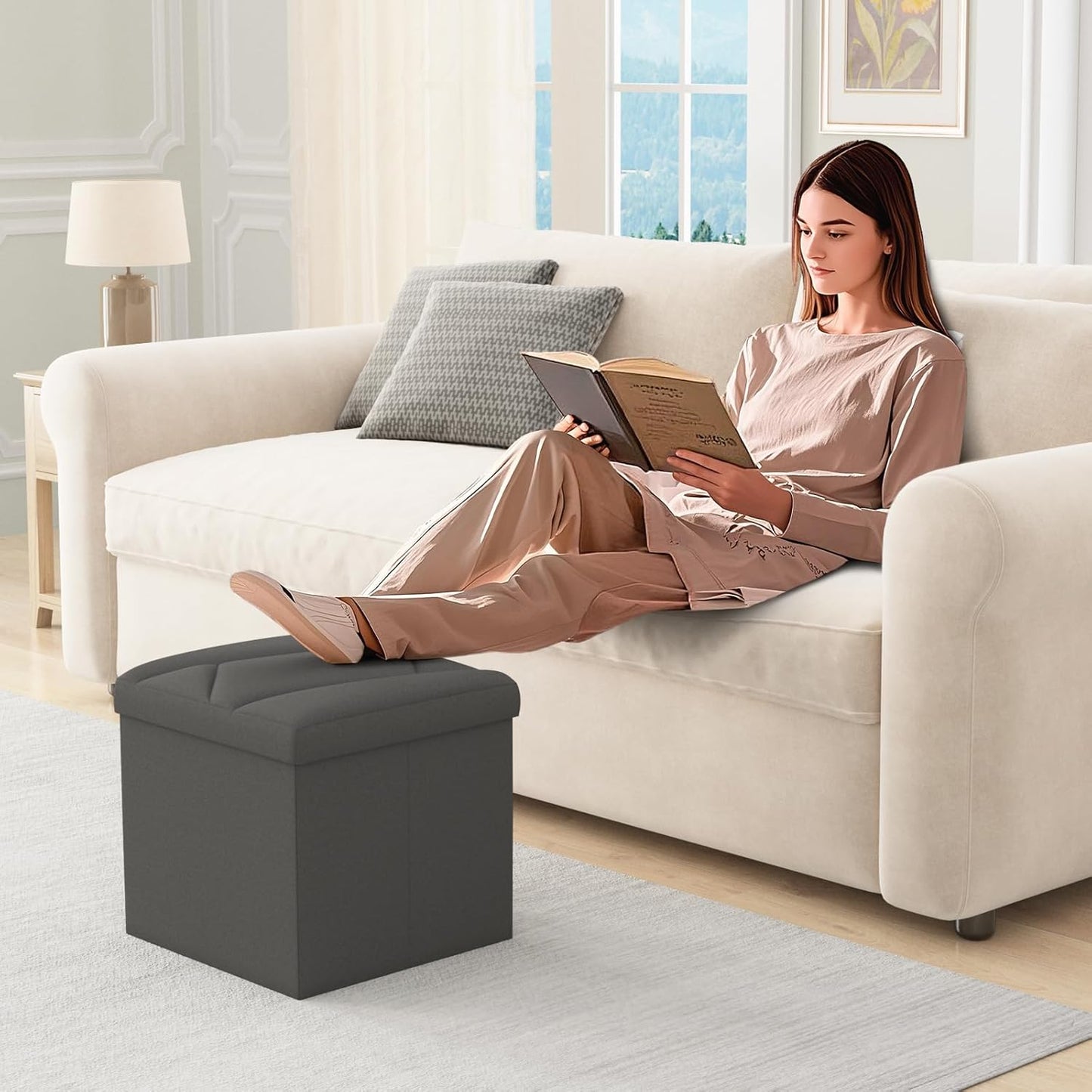 Folding Storage Ottoman Bench, 15 Inches End of Bed Bench, Folding Ottoman Storage for Bedroom, Entryway and Living Room, 15"x15"x15",Dark Gray