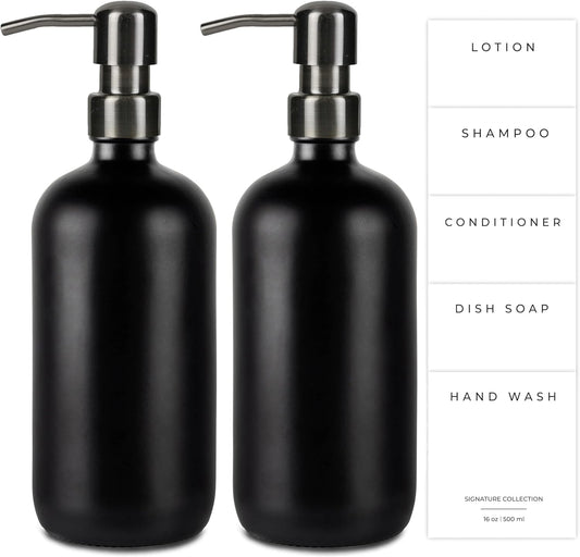 Emerson Essentials Glass Soap Bottle Dispensers, 2 Pack, Stainless-Steel Pumps Rust-Free, Hand Set for Bathroom Kitchen Sink, Liquid Lotion Shampoo Jars with 4 Waterproof Labels, 16 Oz Gunmetal