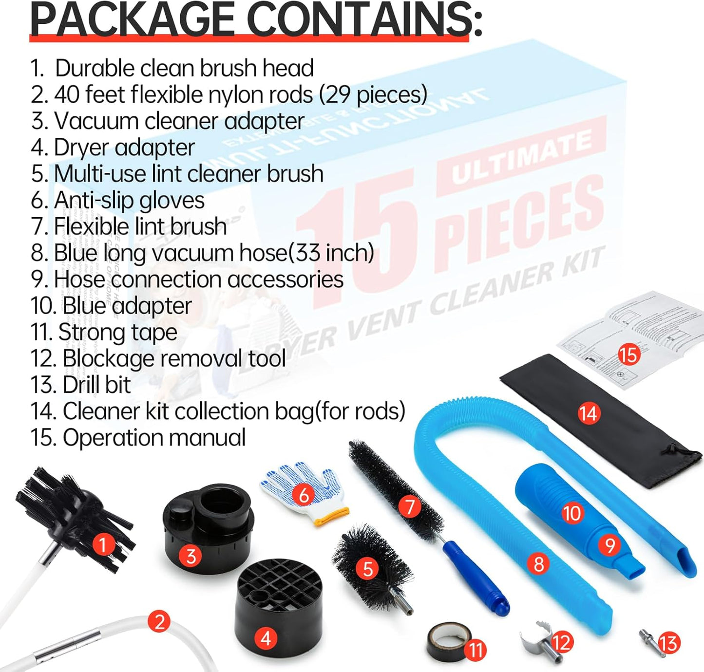 BLuesea Dryer Vent Cleaner Kit, 15-Piece Ultimate Dryer Cleaning Kit Include 40 Feet Dryer Vent Brush, Upgrade Noiseless Dryer Lint Vacuum Attachment, Lint Trap Brush, Vacuum & Dryer Adapters