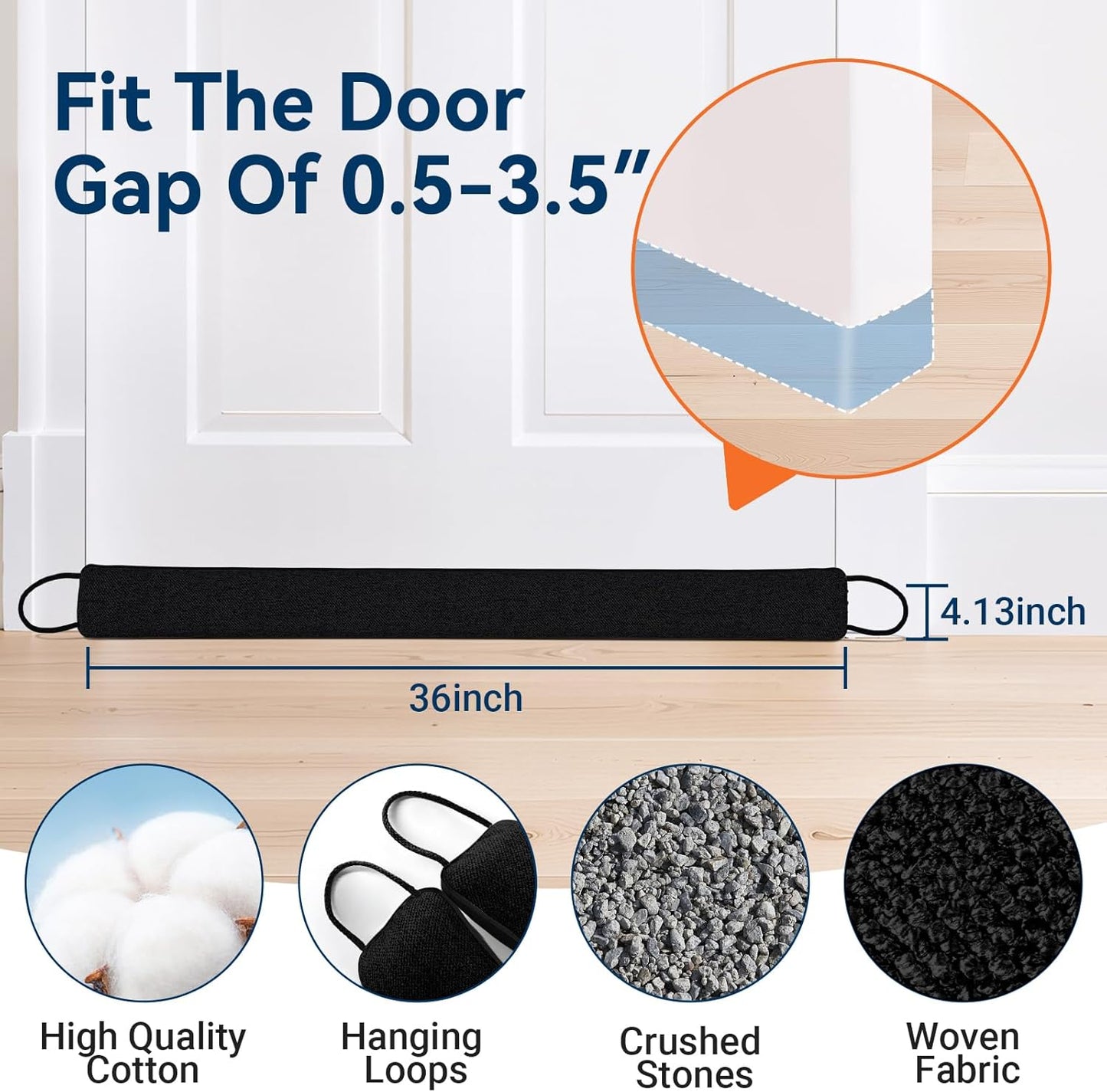 Door Draft Stopper for Bottom of Door, 36’’ Heavy Duty Under Door Draft Blocker Gap Filler, Door Seal for Noise Light Cold Air, with Adhesive Strips, Black