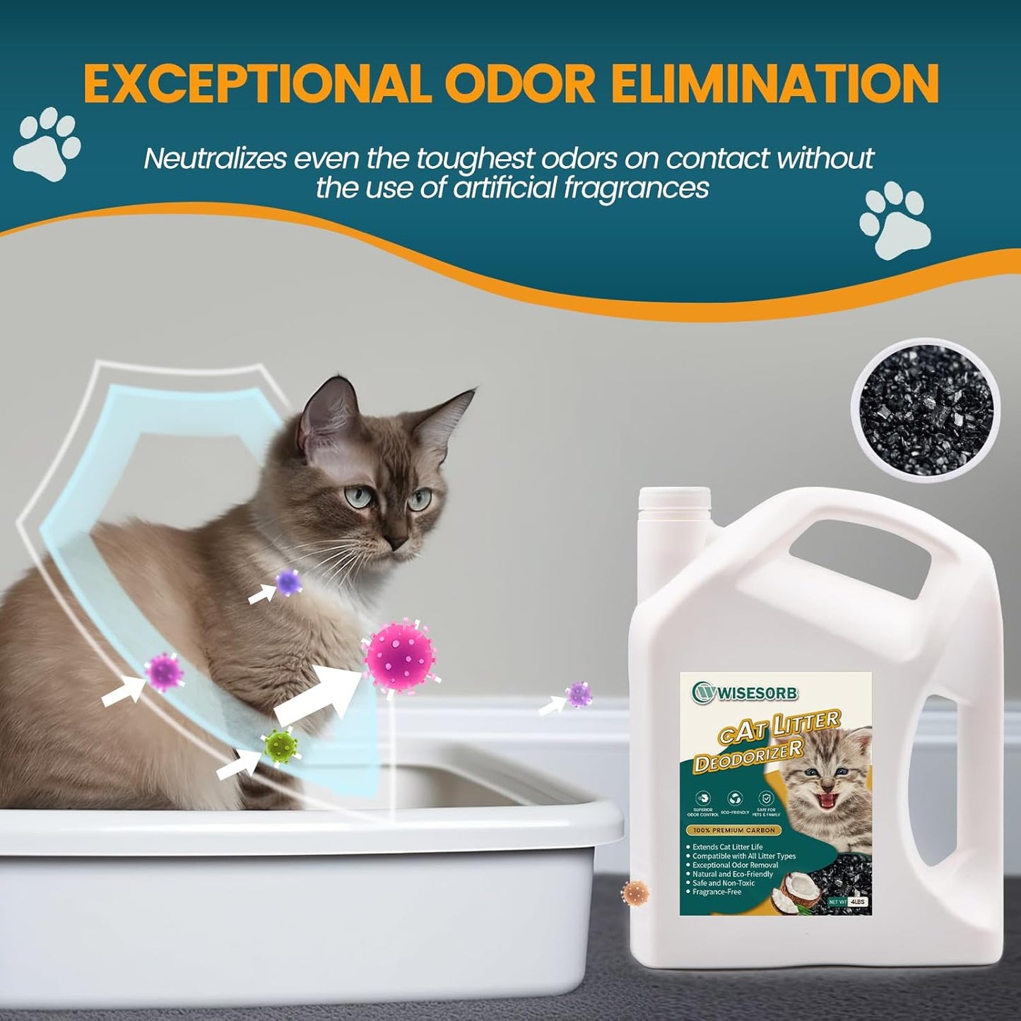Cat Litter Deodorizer - 4Lb Activated Carbon Litter Box Odor Eliminator Absorber Unscented, Cat Litter Odor Control Room Deodorizer Solution for Homes with Pets