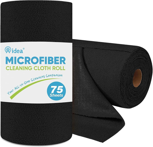 AIDEA Microfiber Cleaning Cloth Roll, 75PK, Black Microfiber Towels for Cars, Reusable Paper Towels Tear Away Cloth, Shop Rags, Lint Free Cleaning Rags for House, Kitchen, Window, 11.5"×11.5"