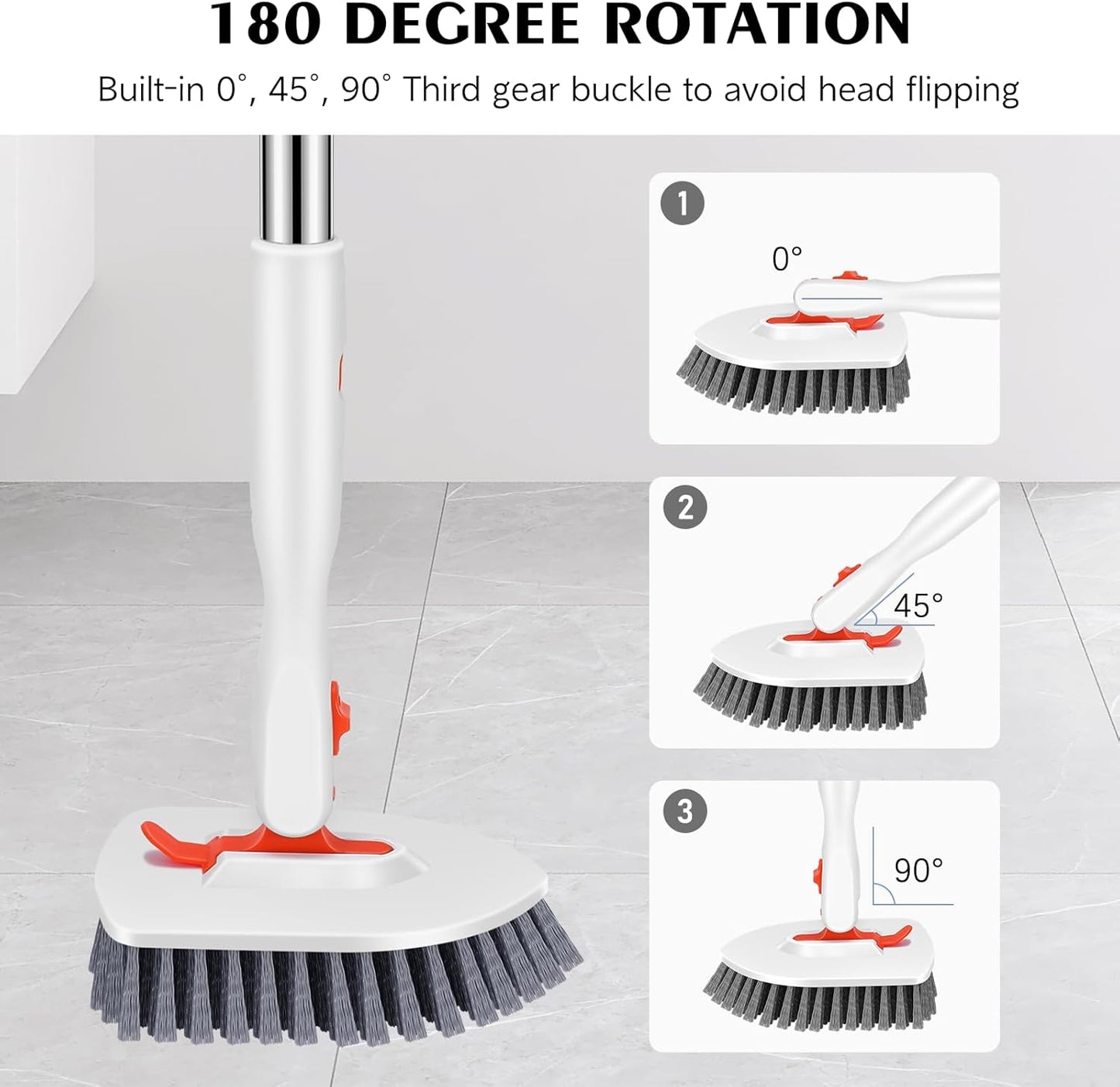 SetSail 4-in-1 Tile Tub Floor Scrubber with 52-inch Adjustable Long Handle Shower Cleaner Brush Comes with Window Scrubber and 3 Replacement Brush Heads for Cleaning Bathroom Kitchen Tub Tile,Orange