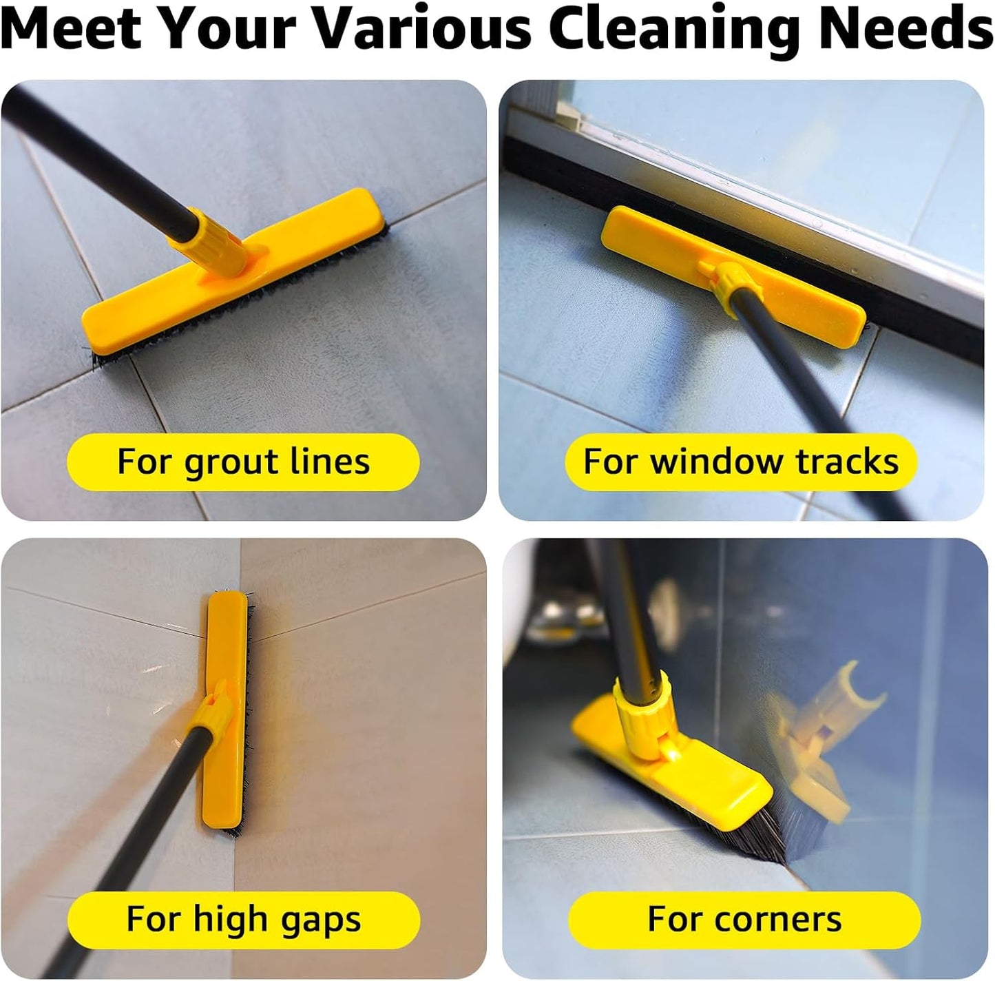 Grout Brush with Long Handle, Rotation Tile Grout Cleaning Tool, Wall Cleaner Mop, Baseboard Scrubber with 1 Chenille Duster for Painted Walls, Floor and Corners, V-Shape Shower Scrubber Cleaner -59in