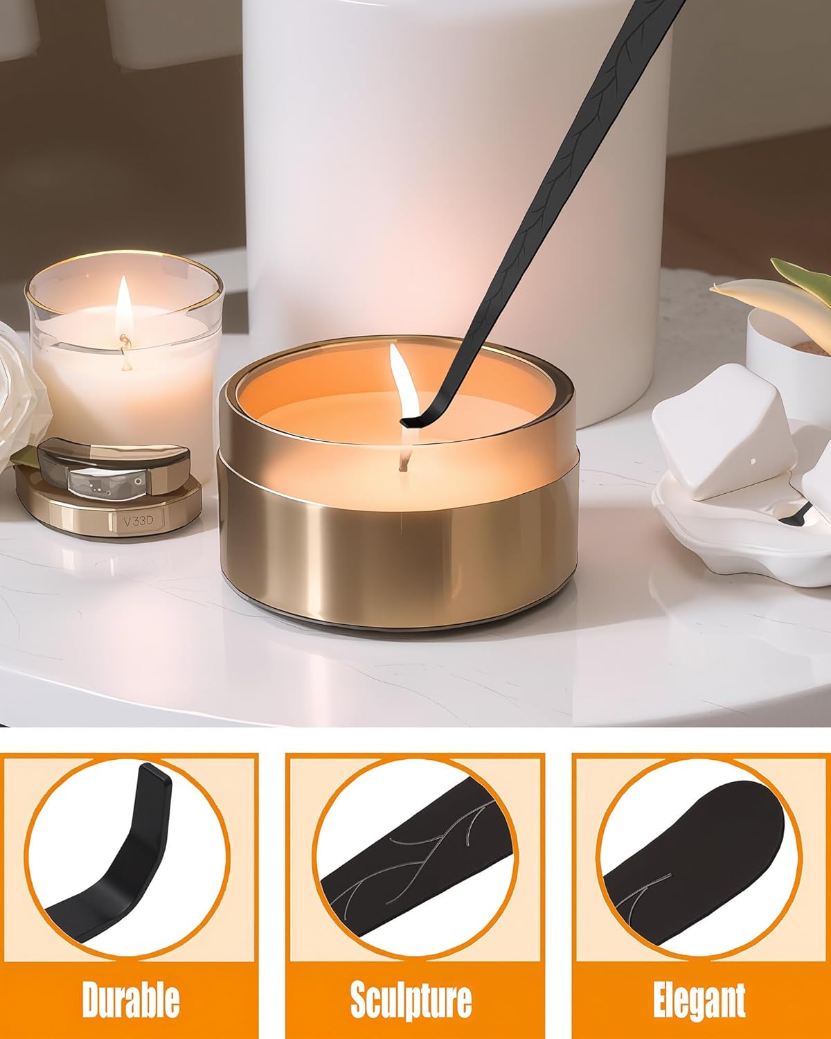 4 in1 Candle Accessory Set with Storage Tray Plate, Candle Wick Trimmer, Candle Wick Snuffer, Candle Wick Dipper, Great for Scented Candles Lovers (Matte Black)