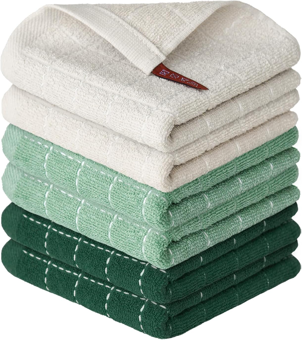 Artoid Mode Checkered Designed Cotton Beige Dark Green Terry Kitchen Dish Cloths, 12x12 Inch Soft Absorbent Quick Drying Kitchen Rags Set of 6