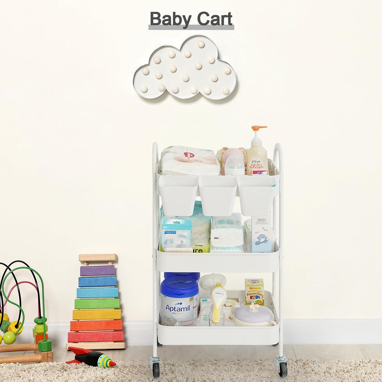 danpinera 3-Tier Rolling Cart, Metal Rolling Storage Cart with Lockable Wheels & Hanging Cups & Hooks, Mobile Trolley Cart for Kitchen, Bathroom, Office, Workshop, White