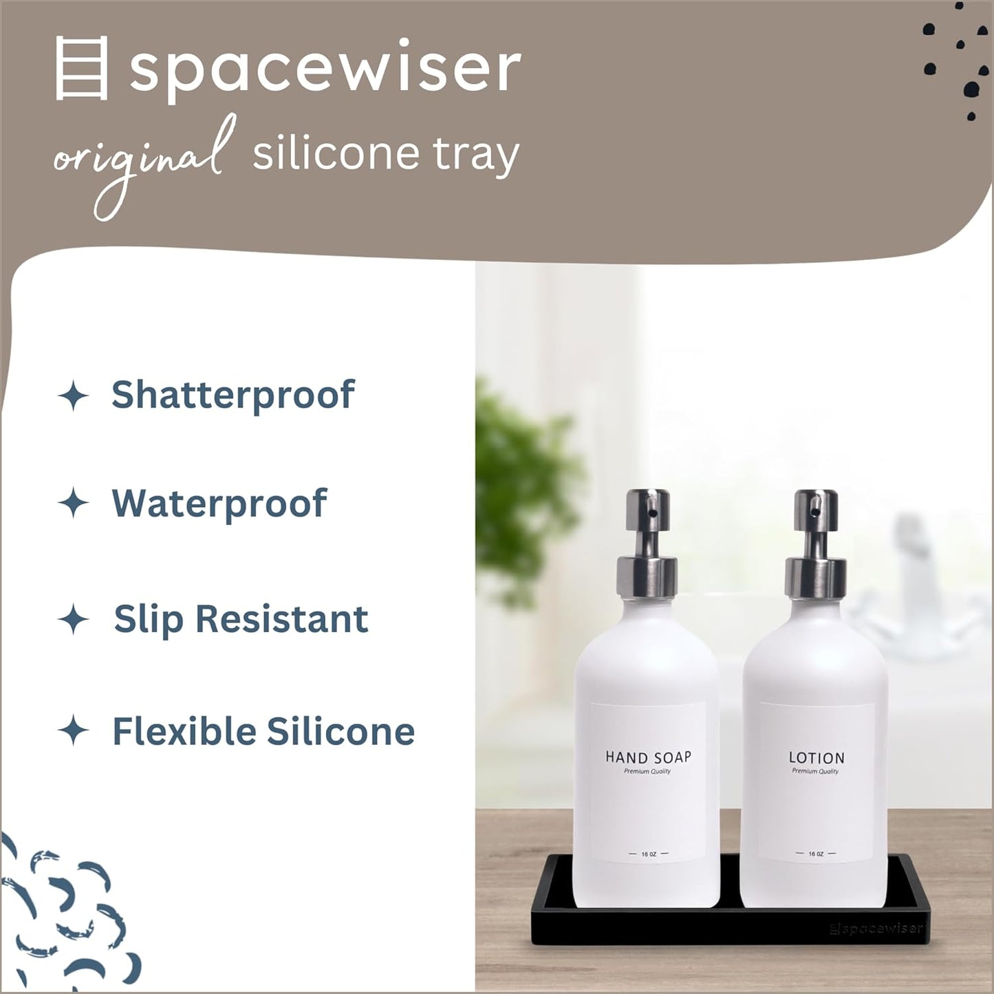 Countertop and Vanity Tray – Small 7.7” Silicone Tray, Soap Dispenser Trays, Bathroom Trays, Kitchen Soap Holder Sink Organizer Counter Caddy for Soaps Bottle Keys, Sponge Holder Dish Black