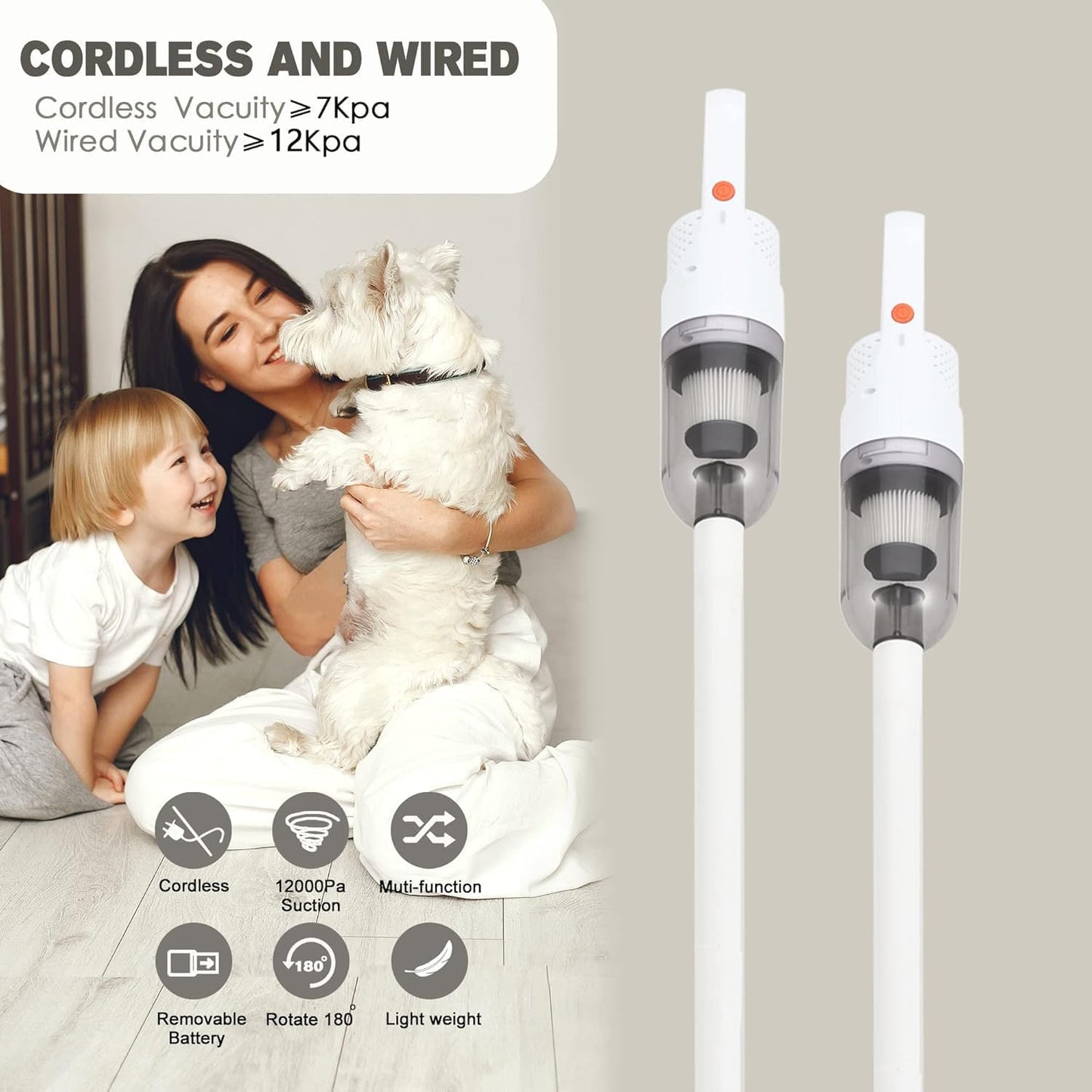 6-in-1 Lightweight Stick Vacuum Cleaner with 100W Powerful Motor, Mini Portable Household Handheld Vacuum Cleaner for Domestic Hard Floors, Carpets and Pet Hair (White Cordless Without Plug)