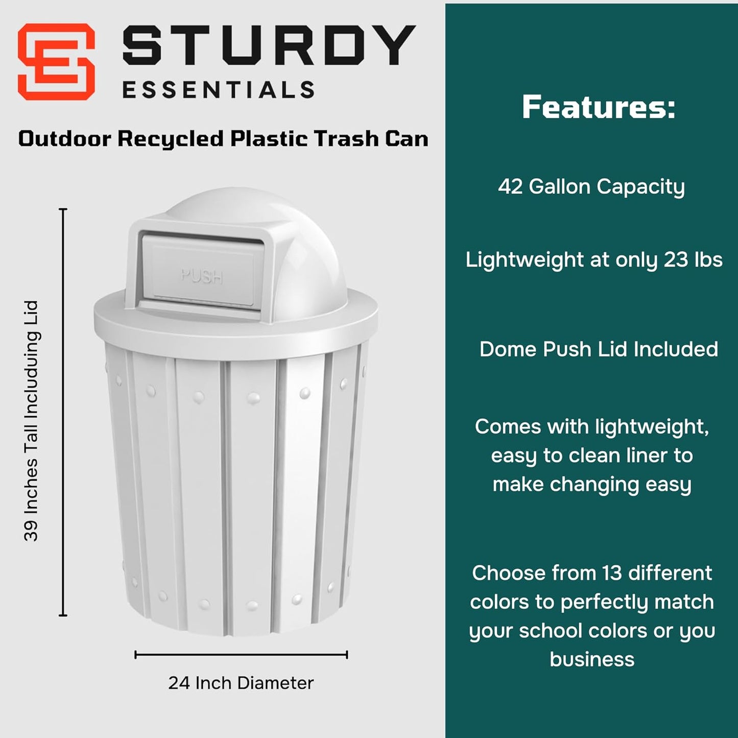 42 Gallon Slated Circle 100% Recycled Plastic Heavy Duty Outdoor Trash Can with Push Open Dome Lid and Internal Liner - Great for Schools and Businesses - White