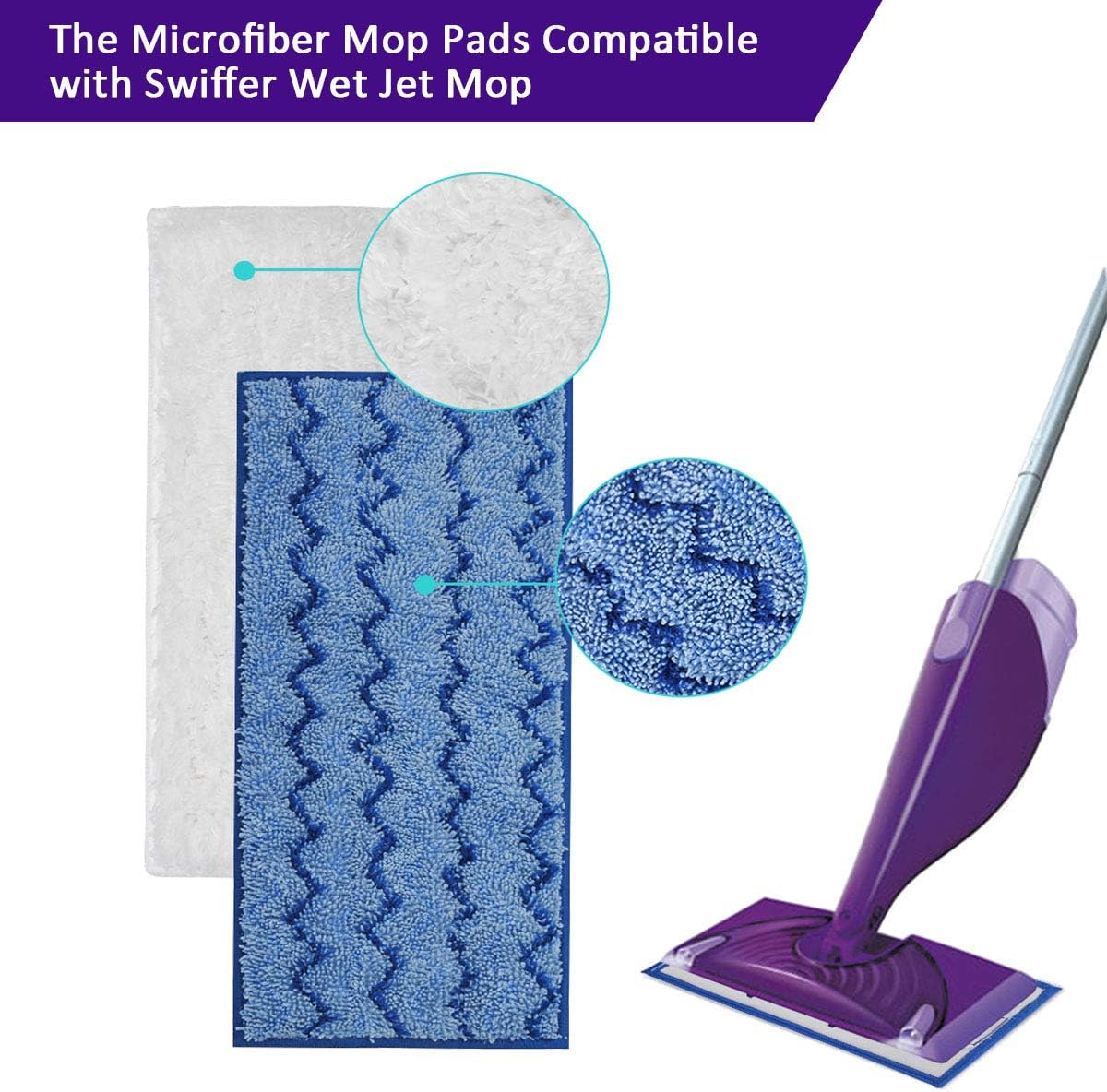 KEEPOW Reusable Mop Pads Compatible with Swiffer Wet Jet Mop Starter, Replacement Microfiber Refills for Wet and Dry Sweeping, 4 Pack