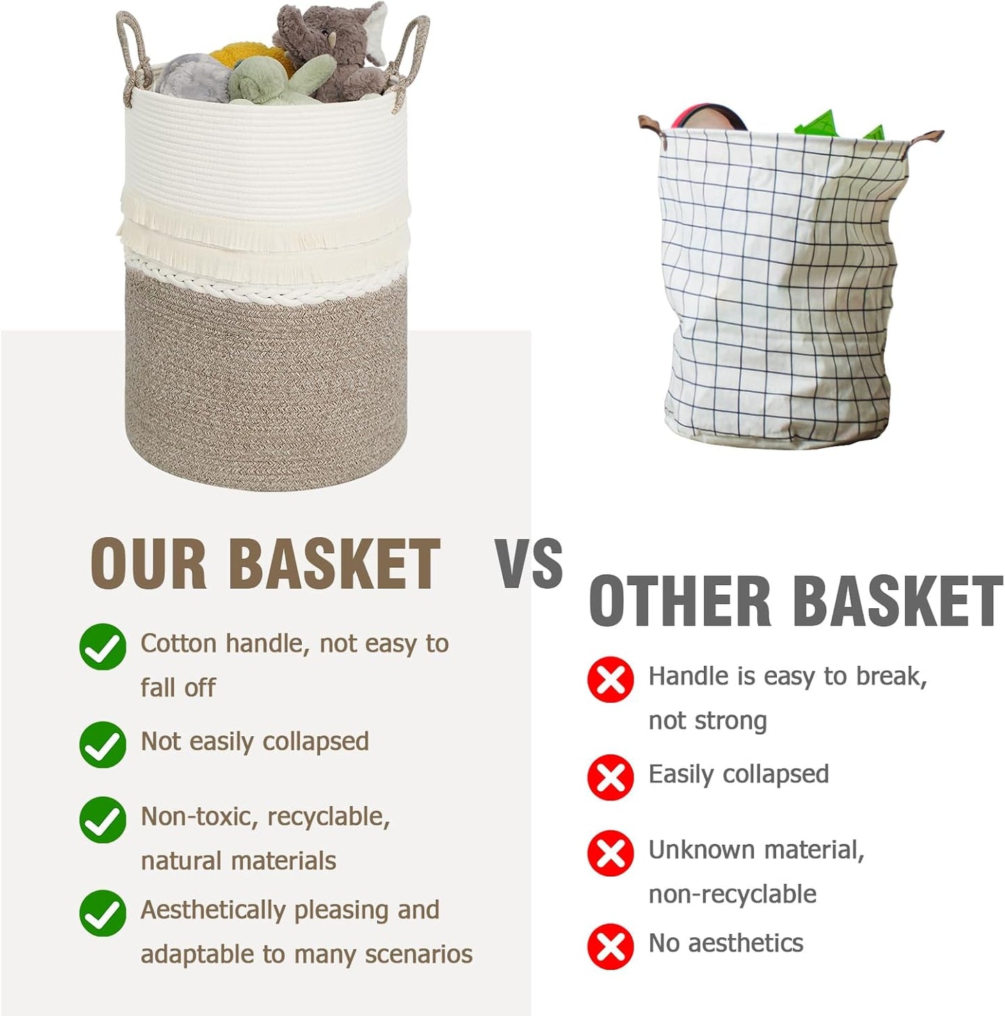 danpinera 79 L Large Laundry Basket, Tall Woven Cotton Storage Hamper with Handles, Dirty Clothes Hamper in Bathroom, Decorative Storage Basket for Living Room White & Brown