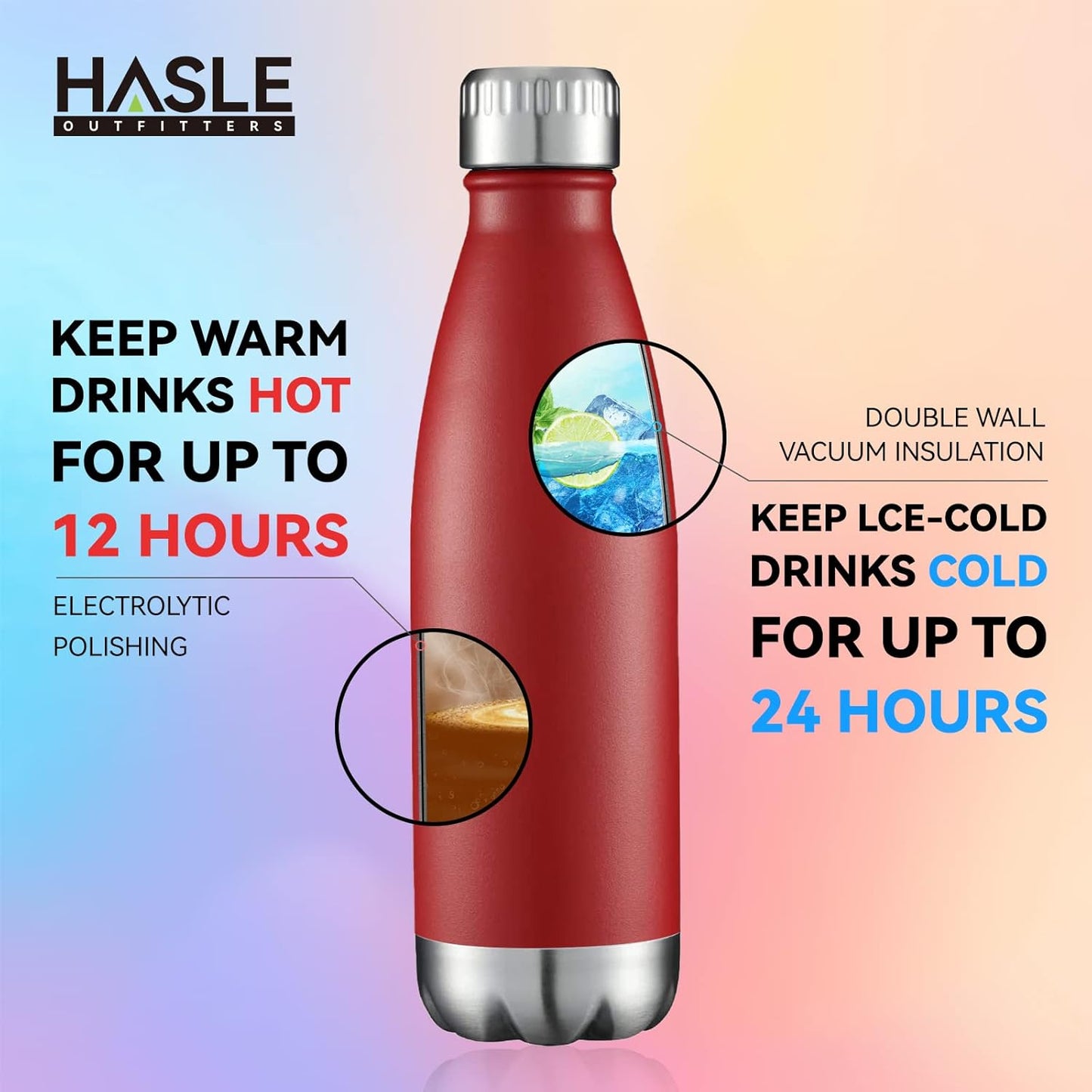 HASLE OUTFITTERS 17oz Stainless Steel Water Bottles Bulk, Vacuum Insulated Water Bottles Double Walled Powder Coated Reusable Metal Sports Water Bottles Keep Drinks Hot and Cold, Red, 8Packs
