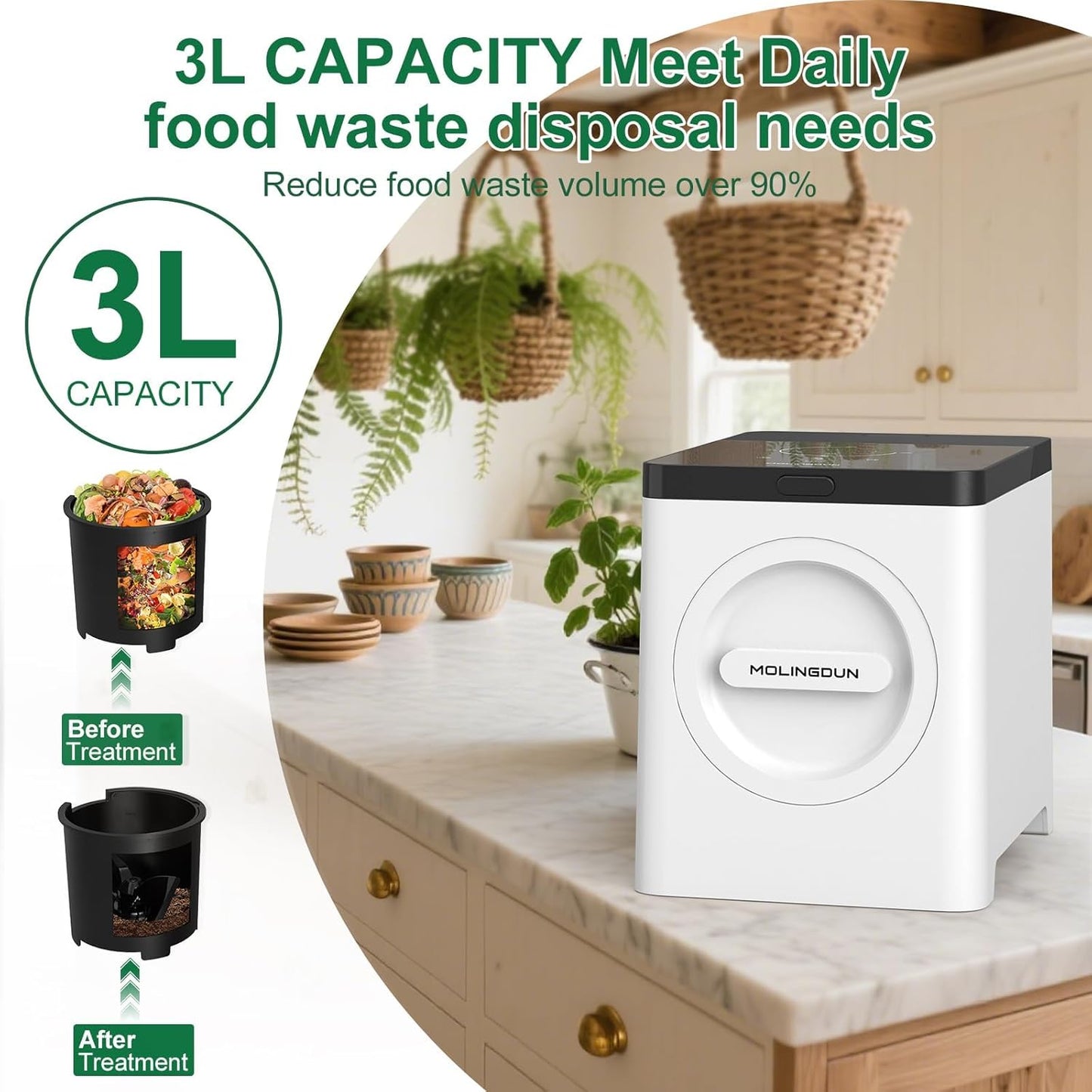 3L Electric Composter for Kitchen, Countertop Compost bin, One Touch Smart Model Handle Kitchen Waste, with Triple Grinding Blade, Carbon Filter, Auto-Cleaning, LED Touch Screen