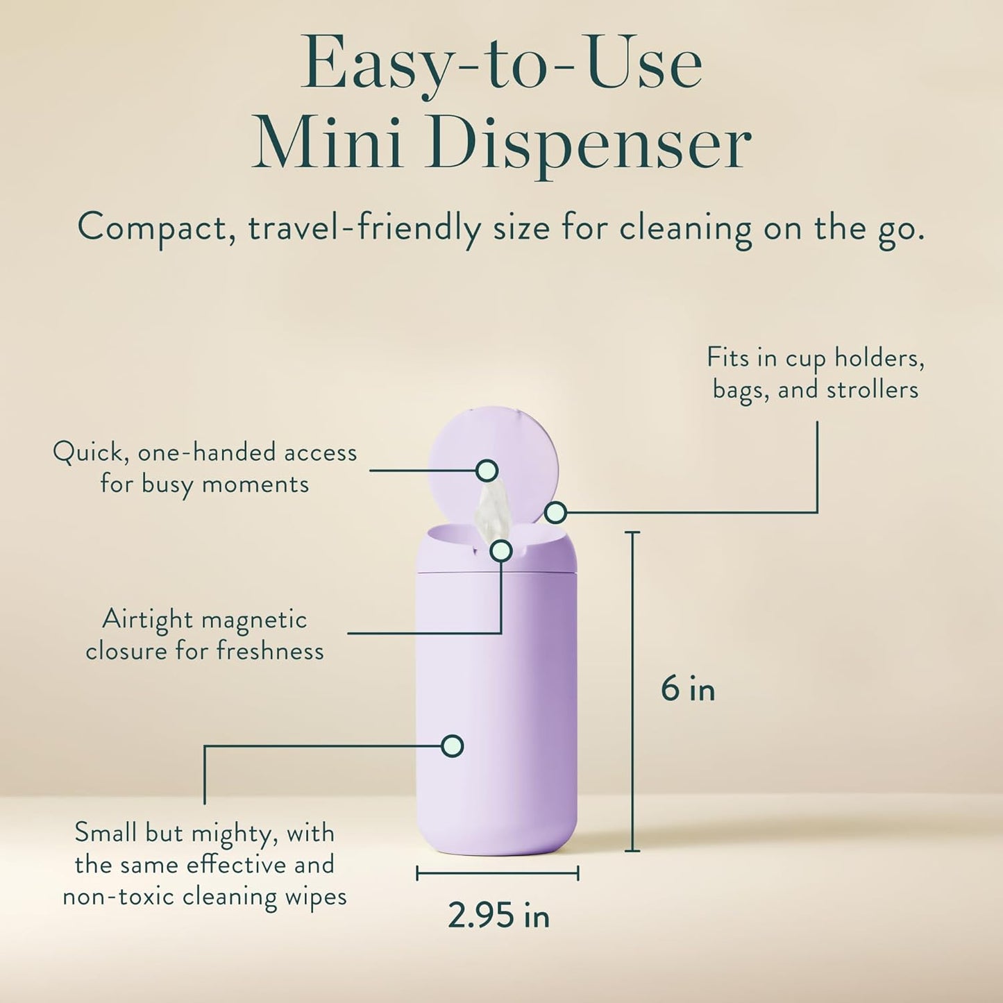 Biom Mini Dispenser + All-Purpose Wipes Starter Kit - Grapefruit Scented Cleaning Wipes | Fits in Car Cup Holder | Biodegradable Plant-Based Cleaner | Kid & Pet Friendly, Natural, Non-Toxic (Lilac)