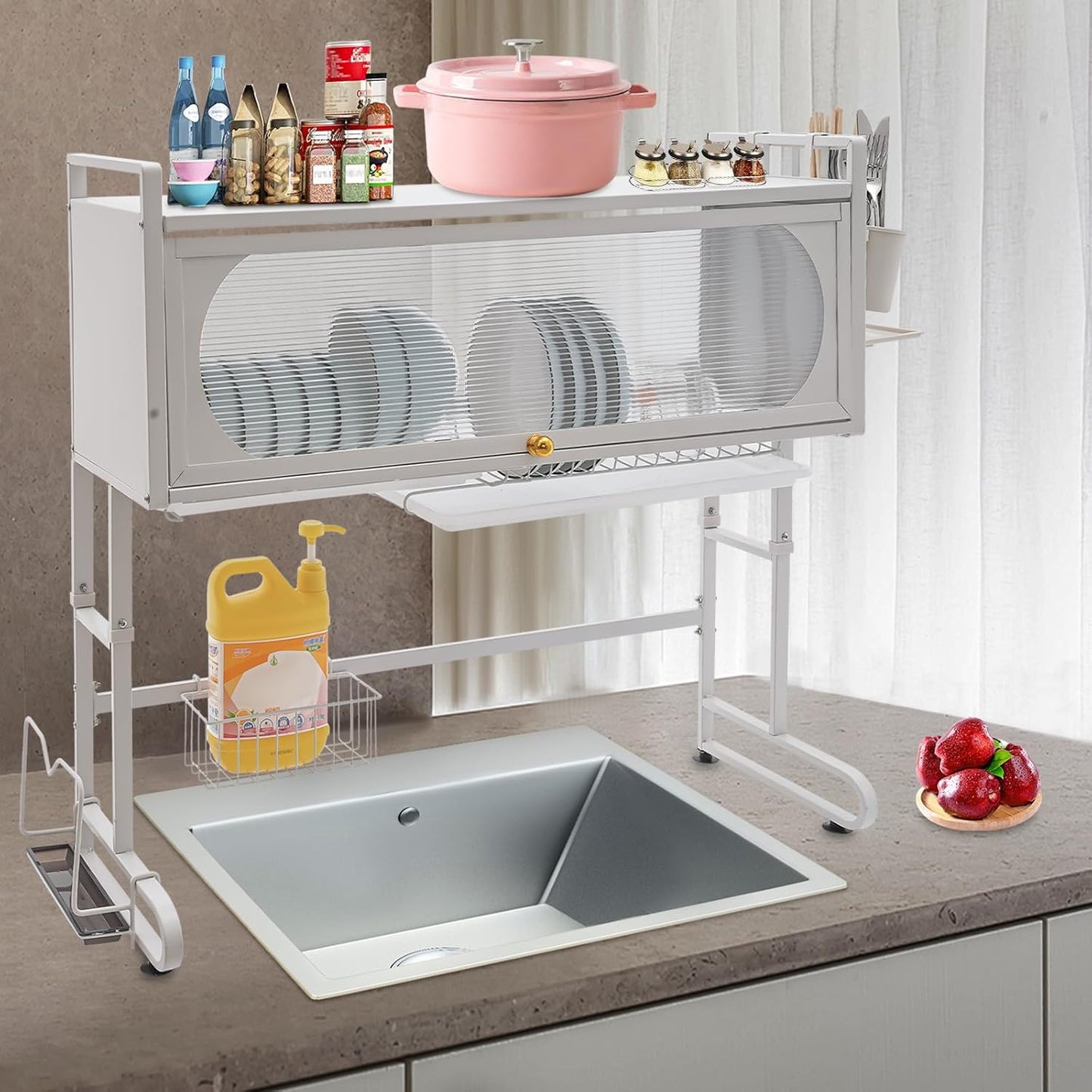 3 Tier Over The Sink Dish Drying Rack W/Clear Cabinet Door, Adjustable Dish Drainer Rack, White Large Dish Rack, Expandable Shelf Rack W/ Utensil Holder, Dish Drainer Kitchen Organizer for Home Use