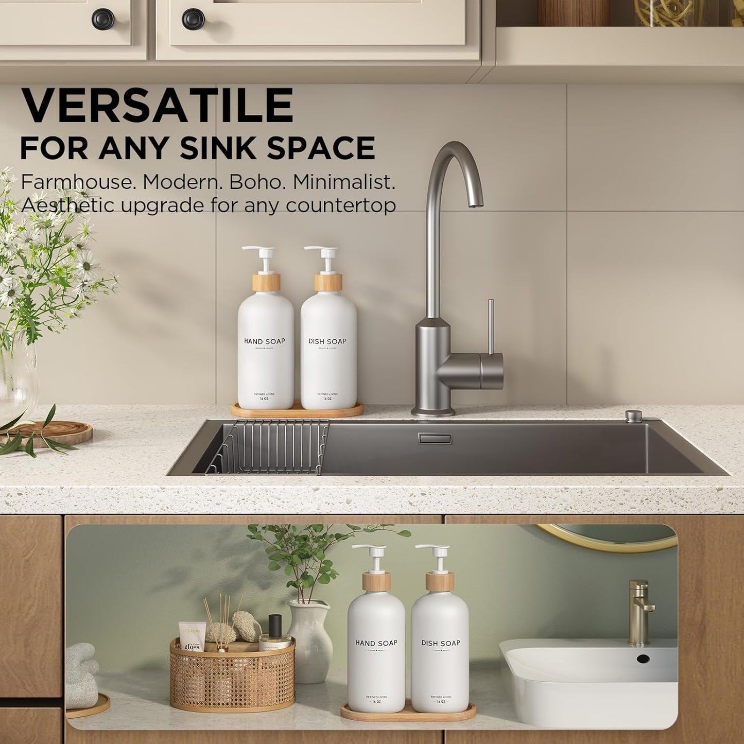 Hand and Dish Soap Dispenser Set,16oz Glass Bottles with Printed Labels, Bamboo Tray & Pump,Countertop Soap Dispensers for Kitchen,Luxury, Minimalist & Farmhouse Decor (Hand Dish (White))