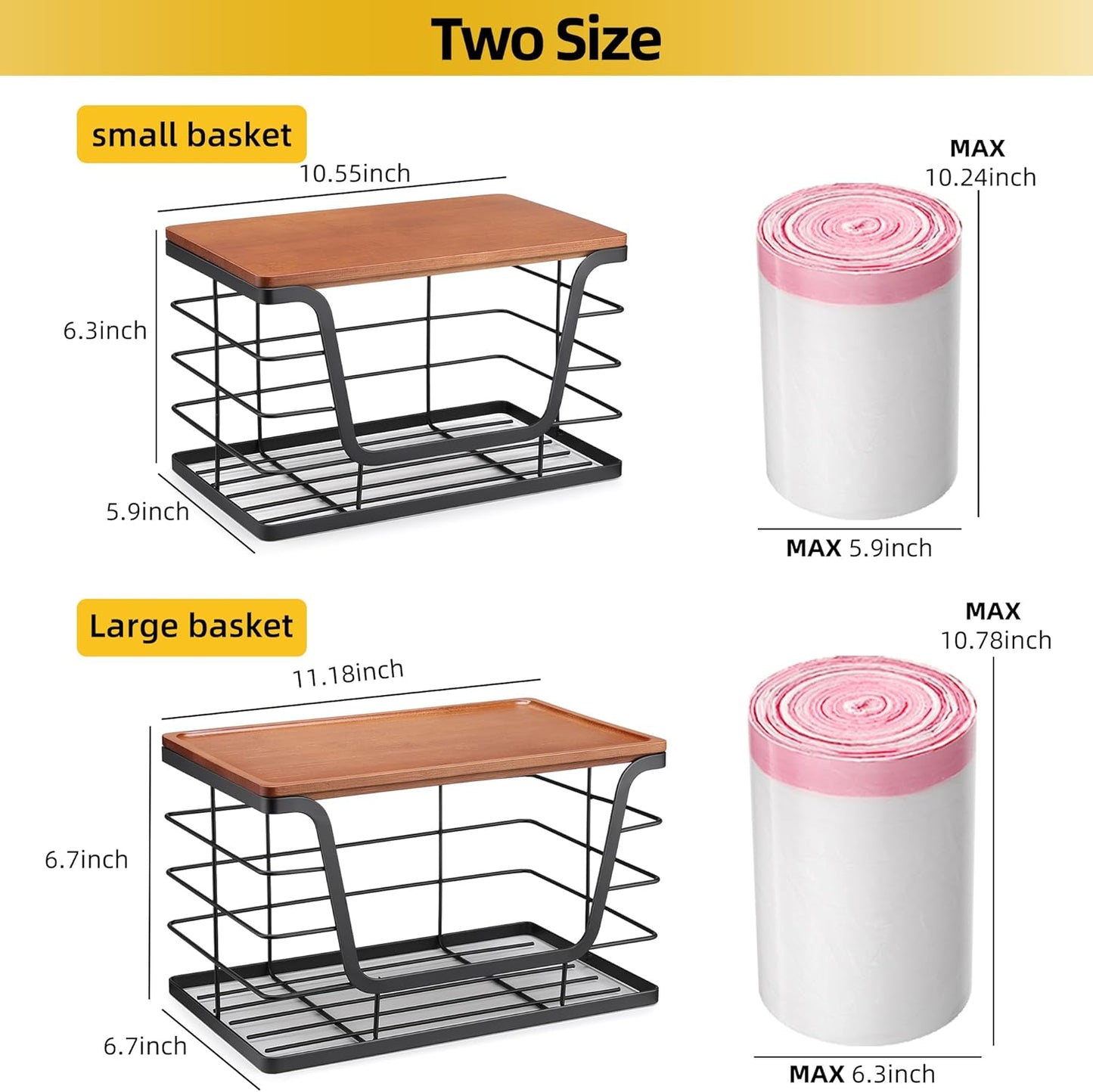ALOCEO 2 Pack Stackable Storage Bins with Lids, Stainless Steel Extra Large Trash Bag Dispenser Roll Holder for Kitchen Sink, Laundry, Pantry Organizer and Storage, Walnut Black