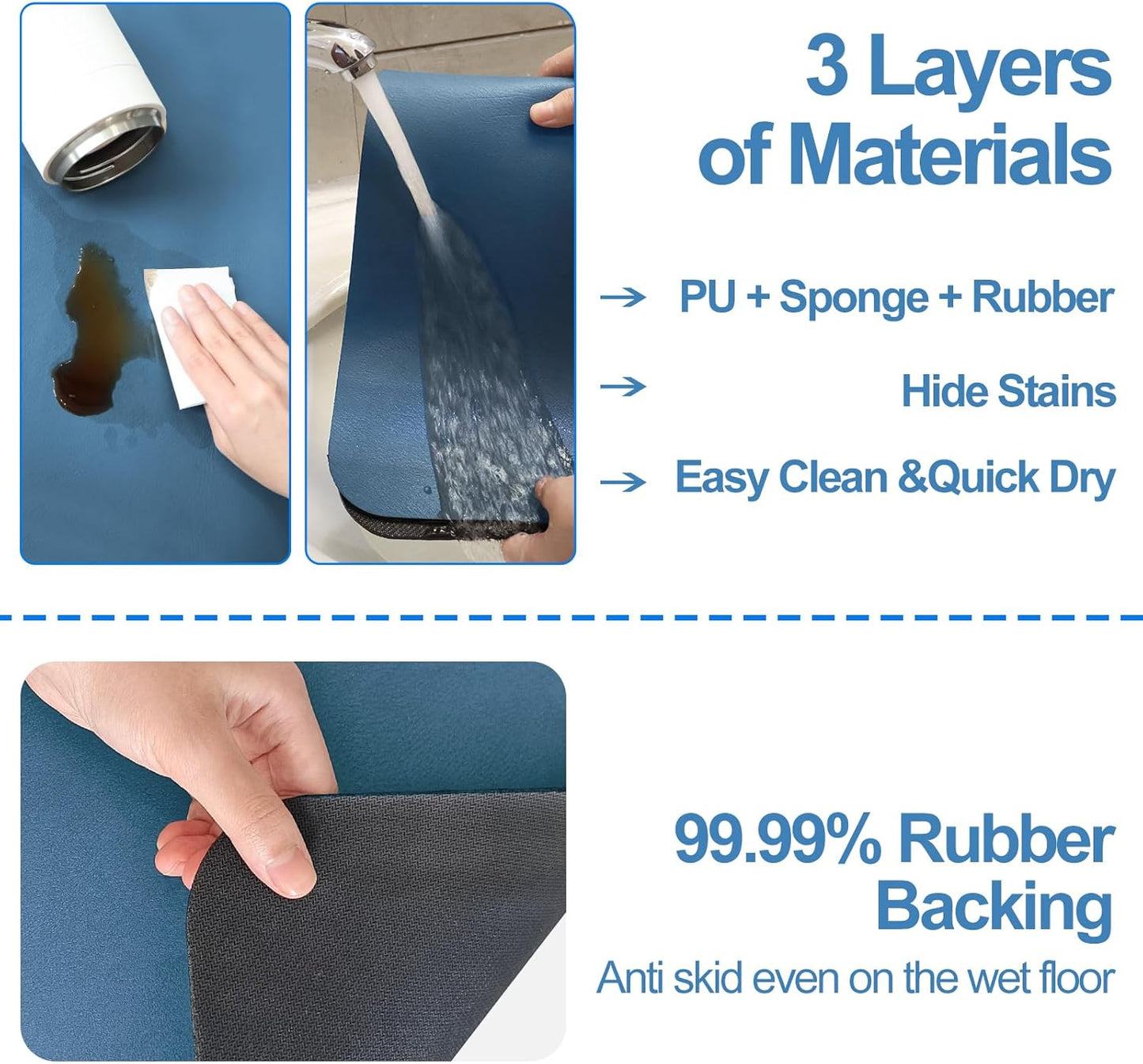 Dish Drying Mat for Kitchen Counter, 17"x31.5" Dish Drying Pad with Non-slip Rubber Backed, Hide Stain Anti Absorbent for Kitchen Counter, Drying Mat for Coffee Machine Dish Rack (Blue)