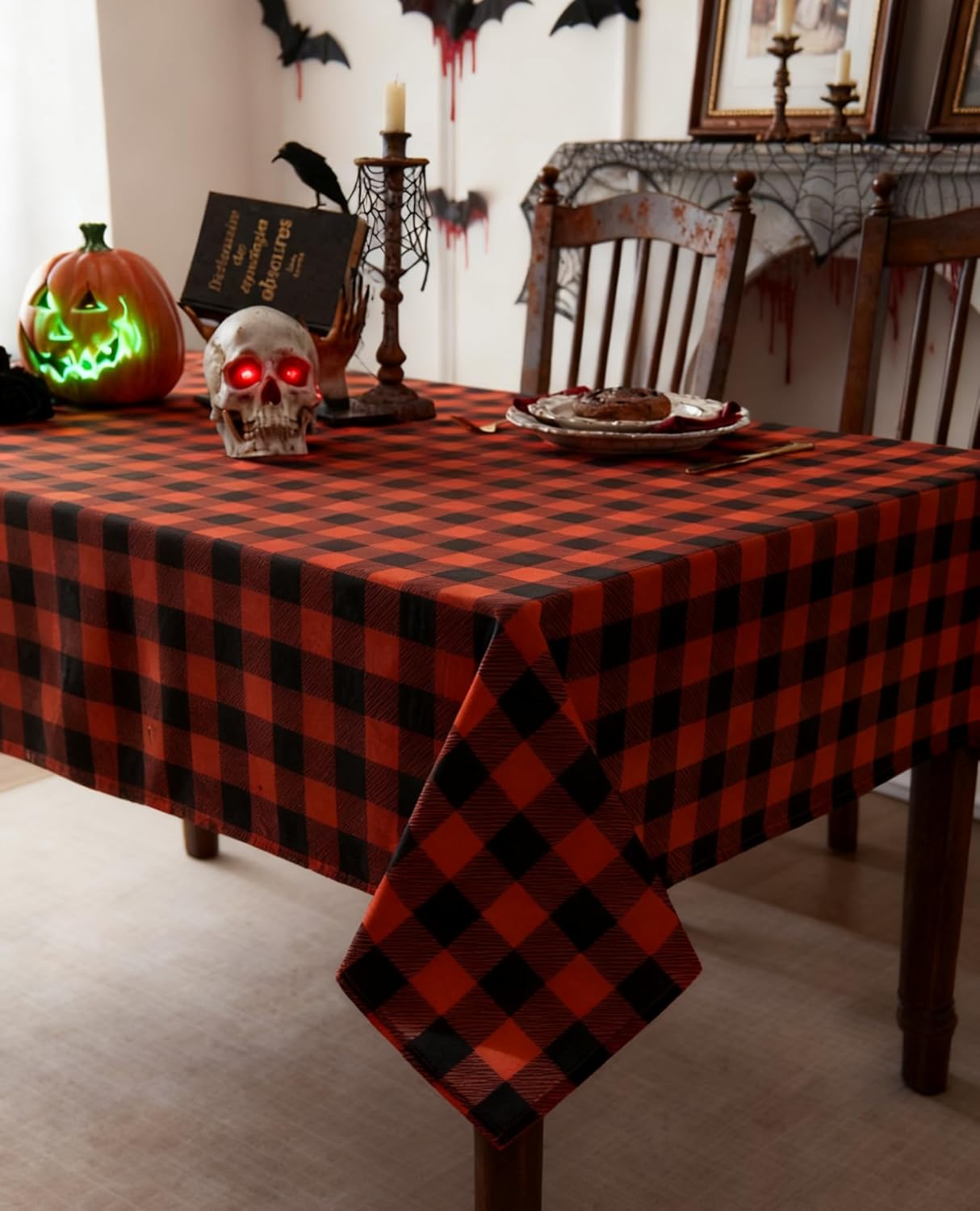 Gingham Plaid Tablecloth - Rectangular 58x102 Inch Water Resistant Halloween Decorations Table Cloth for Indoor Use - Seasonal Fall Harvest Table Cover for Kitchen, Picnics, and Parties