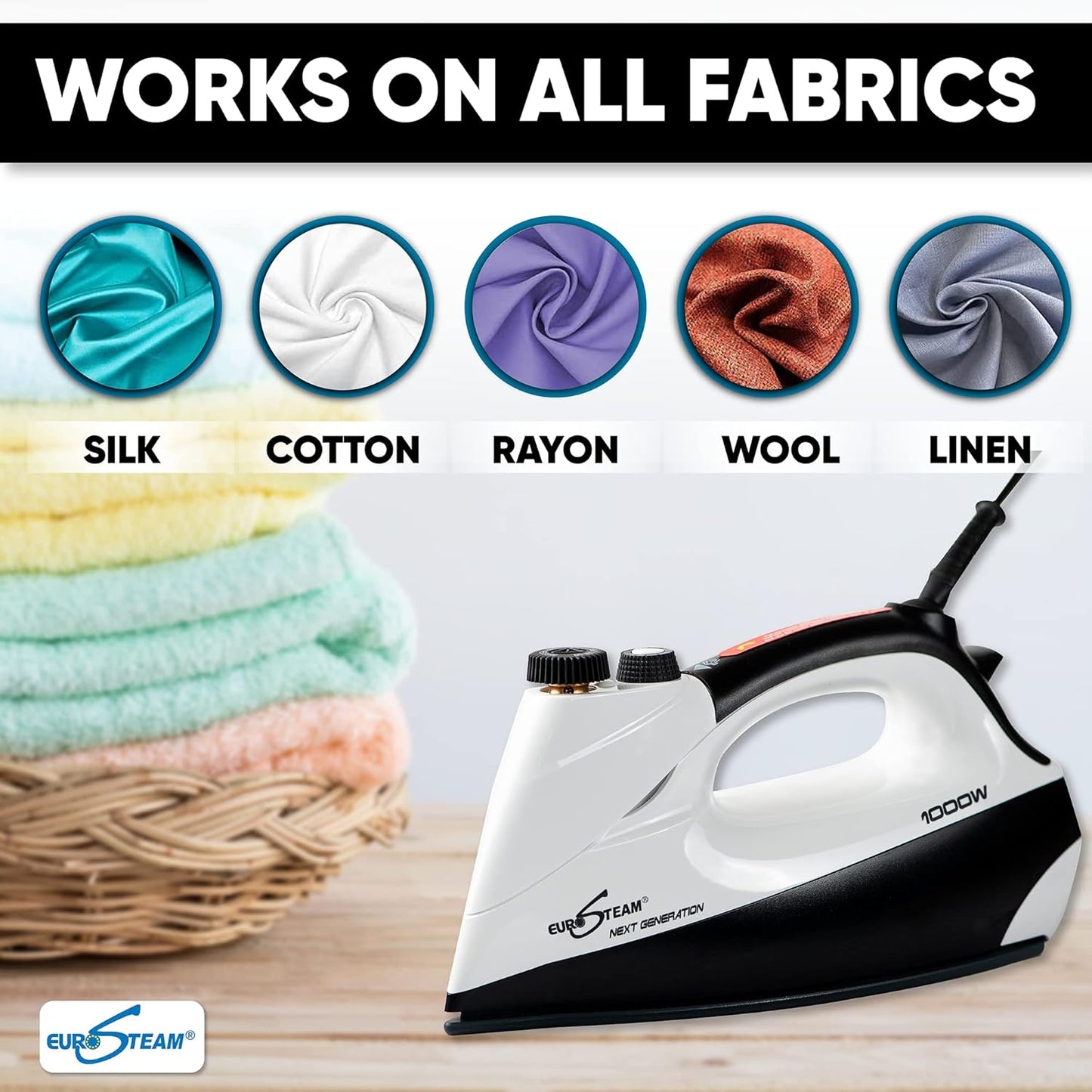 Eurosteam Next Generation Iron - Powerful Steam with Built-in Boiler - No Temperature Setting for All Fabrics - Experience Professional-Quality Ironing to CUT your TIME IN HALF.