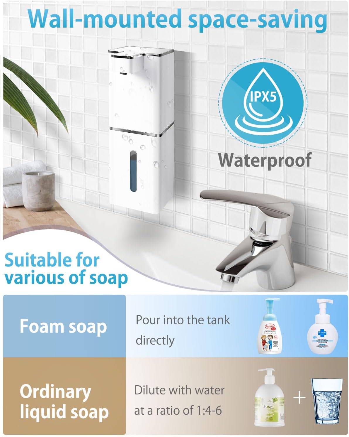 Automatic Foaming Soap Dispenser Touchless 380ml/12.8oz Rechargeable Hand Soap Dispenser Wall Mounted 4 Levels Adjustable Foam Soap Pump for Bathroom Kitchen Dish Soap