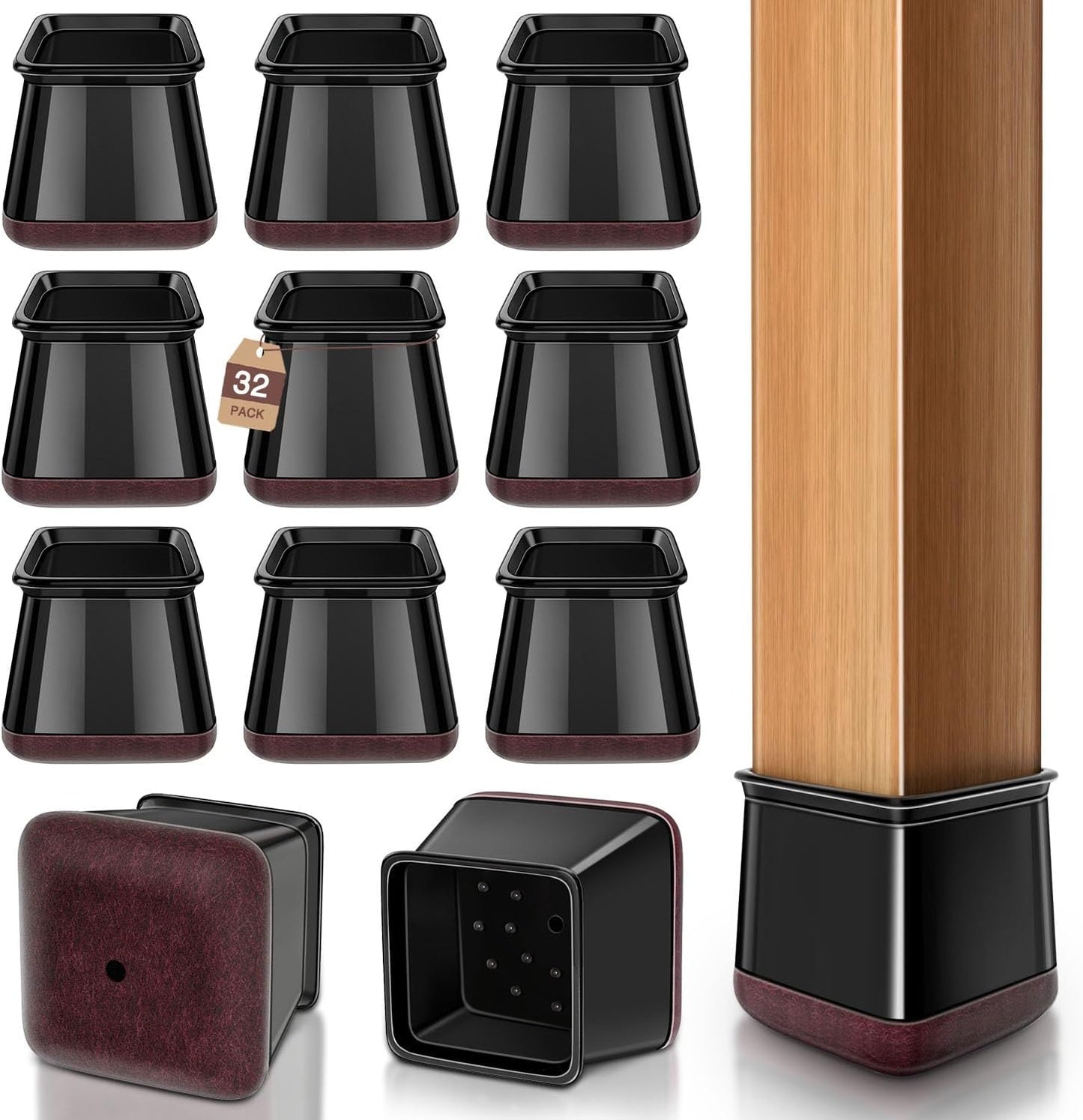 Chair Leg Floor Protectors Chair Leg Protectors for Hardwood Floors Silicone Caps Felt Strengthen Bottom Protection Anti-Scratch Reduce Noise 32 Pack Black Square L Fit:1-1/8" to 1-9/16" (27-40mm)