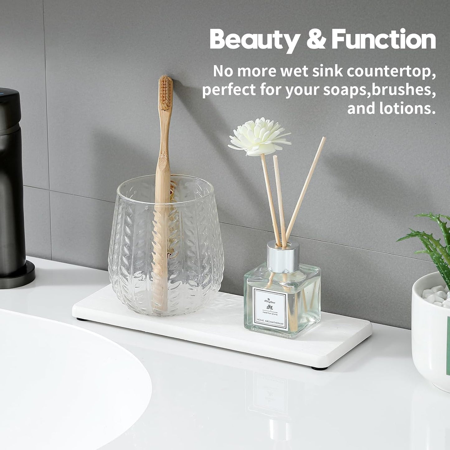 2PCS Bathroom Sink Trays, Water Absorbing Diatomite Stone Quick Drying Mat for Kitchen Counter, Dish Rack Soap Dispenser Sponge Holder Caddy Vanity Organizer, White, 9"x3.5"