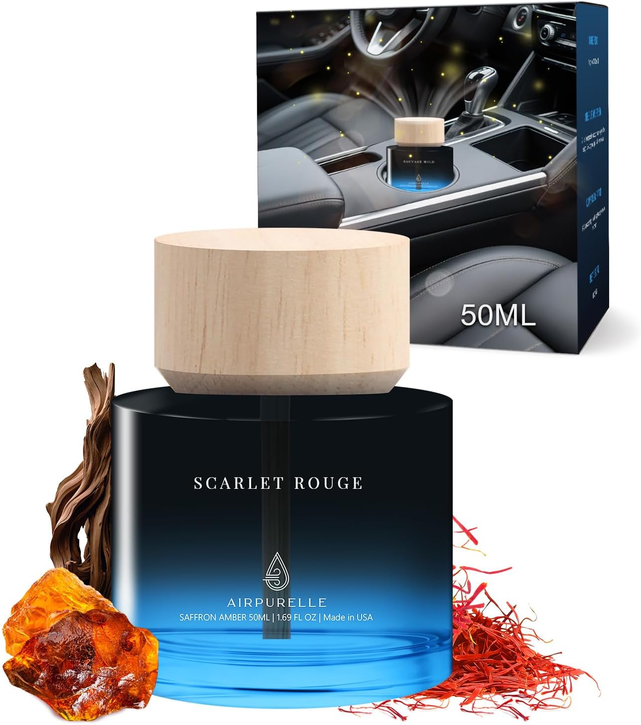 Car Air Freshener for Men & Women – Long-Lasting Saffron Amber Essential Oil Diffuser for Car Cup Holder – 50ML (1.7 FL OZ) Car Scent Diffuser, Inspired by Perfume – Made in USA