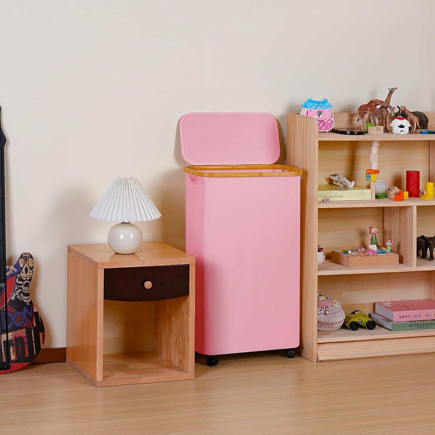 60L Slim Laundry Basket with Wheels,Narrow Hampers for Laundry,Freestanding Laundry Hamper with Lid&Bamboo Handles,Collapsible & Waterproof Tall Cloth Hamper for Dorm Family(Pink)