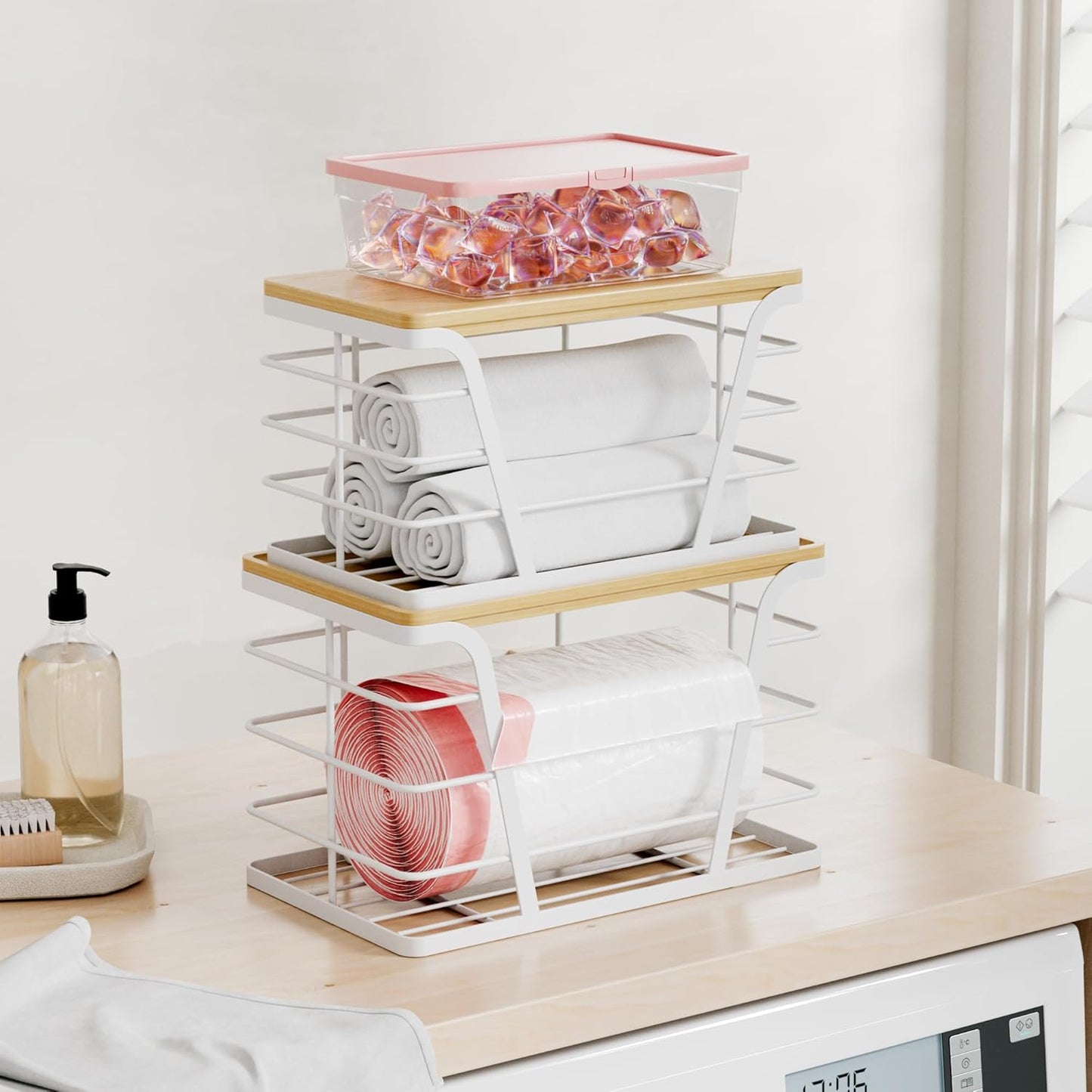 2 Pack Stackable Laundry Room Organization and Storage, Laundry Room Decor and Accessories, Trash Bag Holder with Bamboo Top and Garbage Bag Dispenser, White