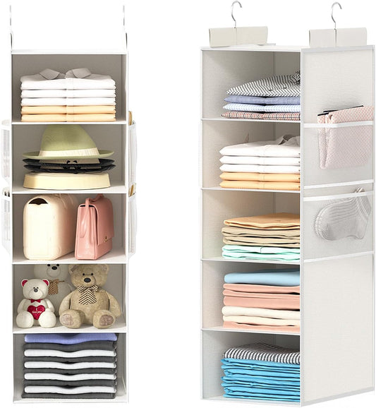 Extra Deep Hanging Closet Organizer with Shelves and Oversized Mesh Pockets, Heavy-Duty Structure, No Deformation, Max Storage for Clothes, Shoes, Hats, Dorms and RVs,1-Pack (White, 5 Tier)