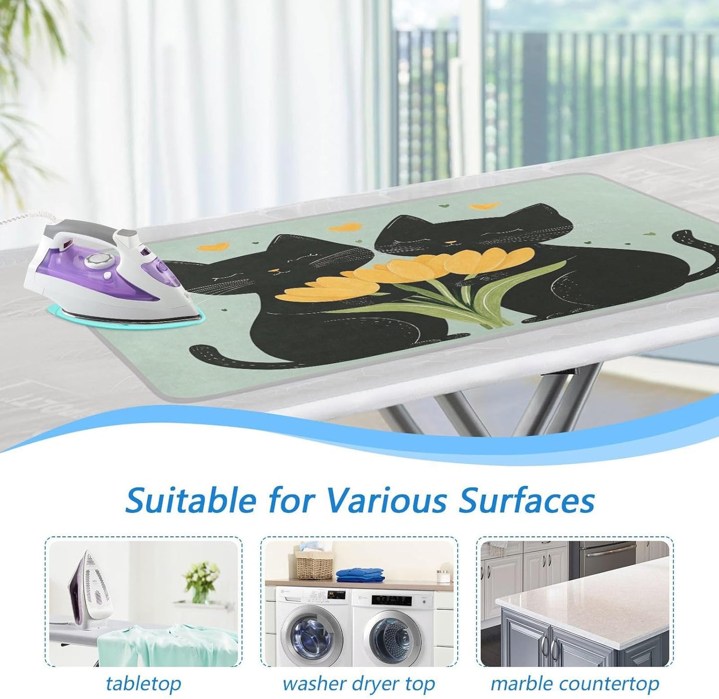 Black Cats Tulips Green Ironing Mat Thickened Ironing Blanket Travel Portable Double-Side Using Ironing Pad Travel Isolate Heat Pad Cover for Washer Dryer Table Top Countertop 27.6x47.2in