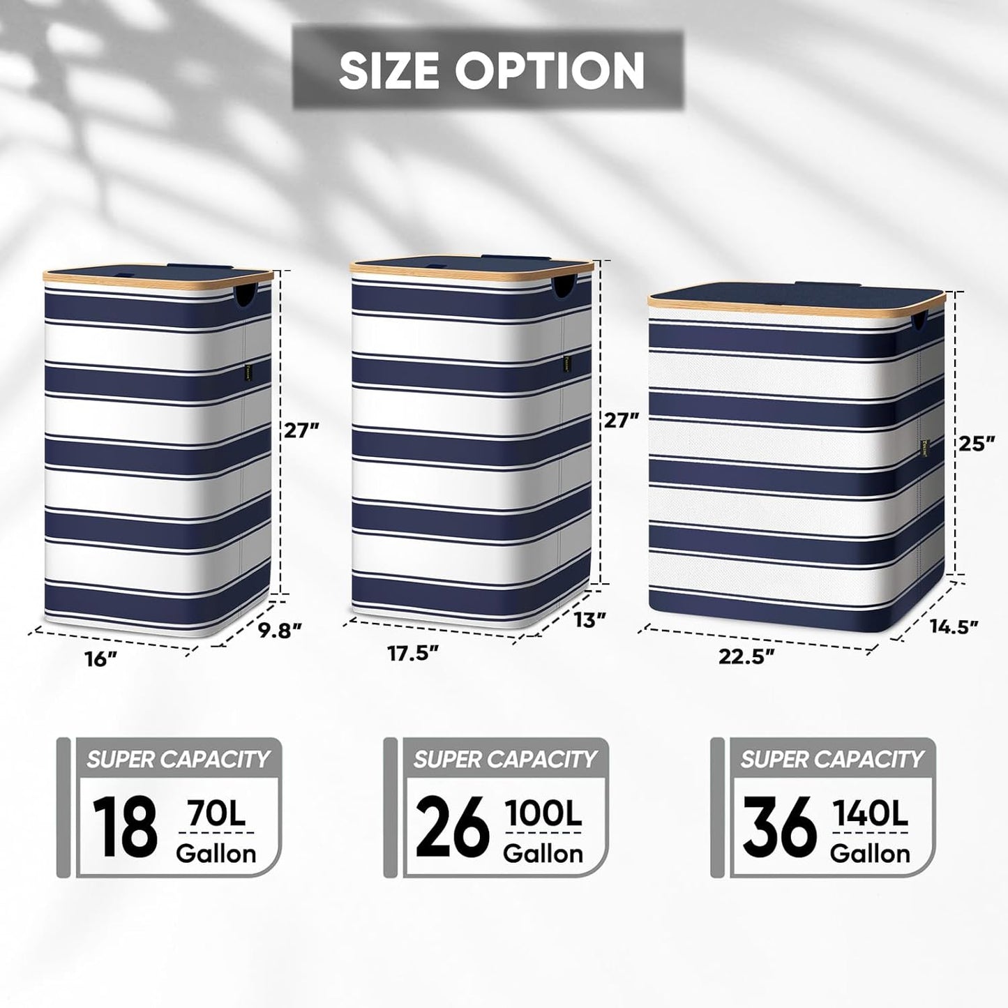 BALEINE Laundry Hamper with Lid, Tall Laundry Baskets with Bamboo Pull Handles, Large Laundry Bin with Internal Support (36 Gal/140L, Blue Stripe)