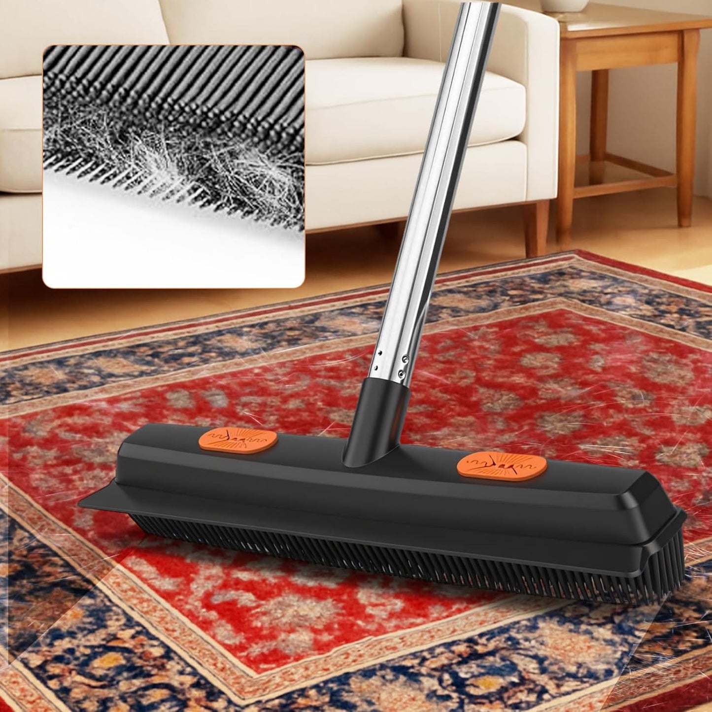 Pet Hair Removal Rubber Broom with Squeegee,Carpet rake for pet Hair Removal Tool,52 inch Adjustable Handle,Includes 1 Microfiber Cloth for Floor Dusting and 1 Pet Hair Comb Long Extension Pole