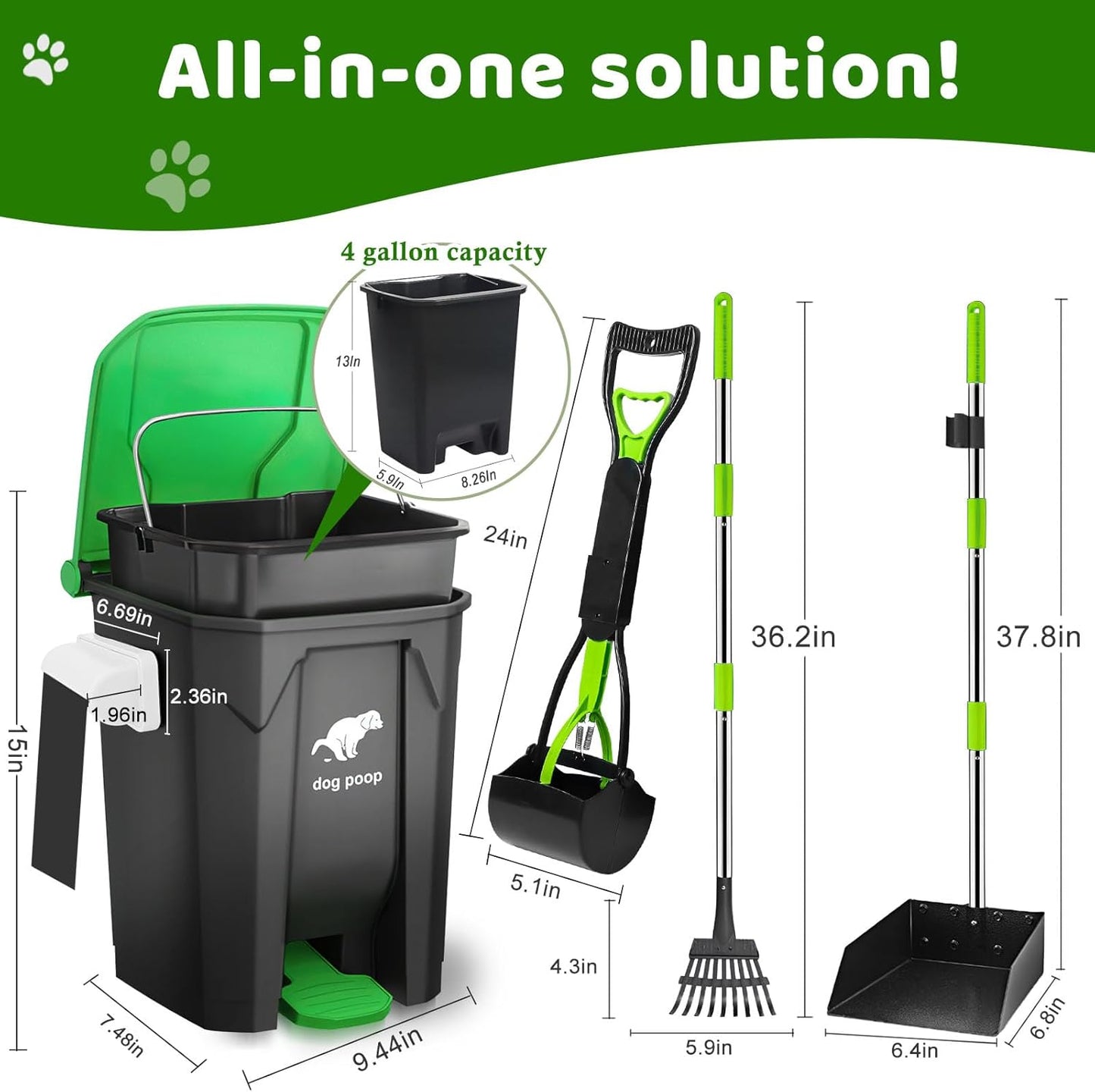 Dog Poop Trash Can Outside with Pooper Scooper and Metal Rake & Tray, 20L/5Gal Dog Waste Trash Can with Lid, Pedal and Removable Inner Waste Bin, Pet Poop Bin with 100 Bags, Green