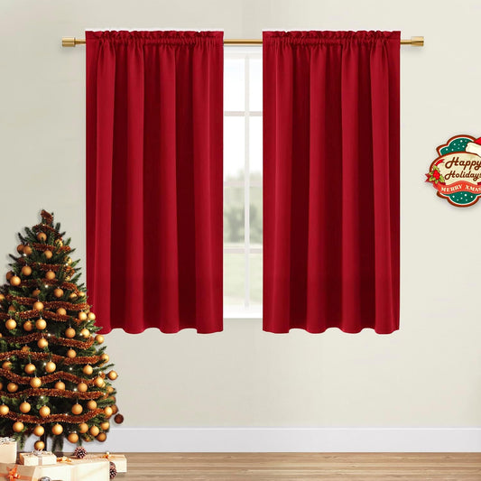 DWCN Christmas Blackout Curtains Room Darkening Thermal Insulated Bedroom Curtains Window Curtain Panels, 52 x 45 inches Long, Set of 2 Red Rod Pocket Drapes