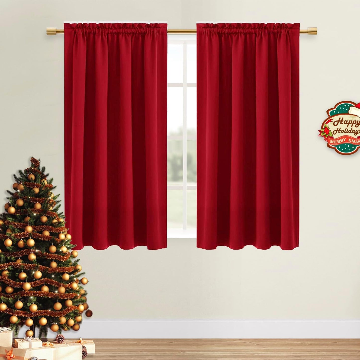 DWCN Christmas Blackout Curtains Room Darkening Thermal Insulated Bedroom Curtains Window Curtain Panels, 52 x 54 inches Long, Set of 2 Red Rod Pocket Drapes