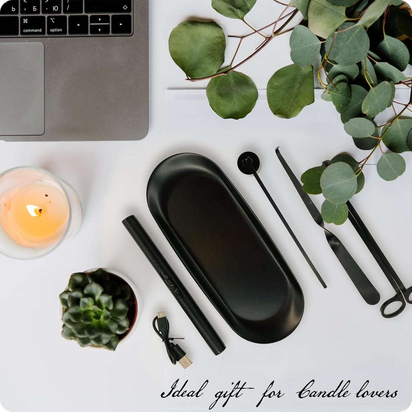 Exquisite Candle Accessories Tool Pack Bag, Rechargeable Electric Lighter， Wick Trimmer, Dipper, Snuffer and Tray Holder Elegant Kit Gift for Candle Lovers in Dating, Valentines Decor. (Rose Gold)