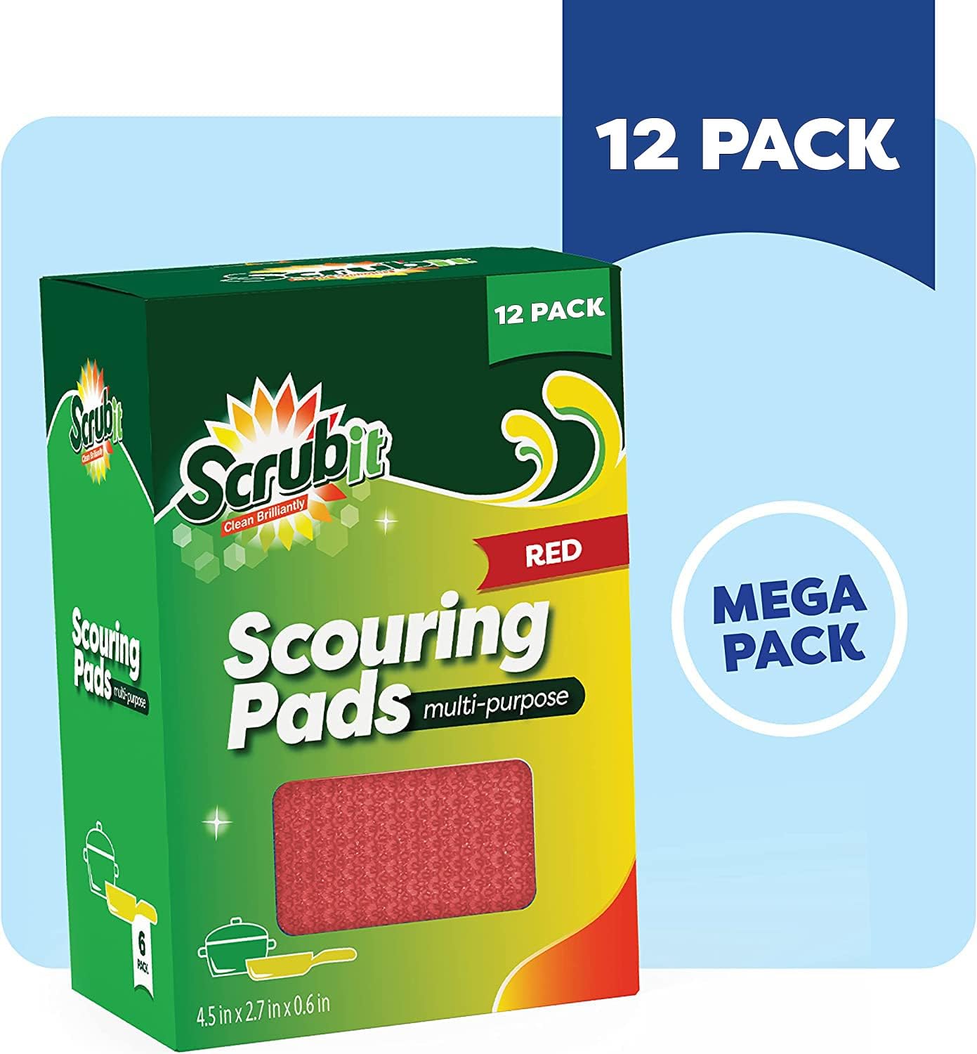 SCRUBIT Multi-Purpose Dish Scrub Sponge, Non Scratch Scouring Pads, Cleaning Sponges for pots, Dishes & Non-Stick Cookware - Pot Scrubber Sponges for Kitchen & Bathroom - 12 Pack Dish Sponge (Red)