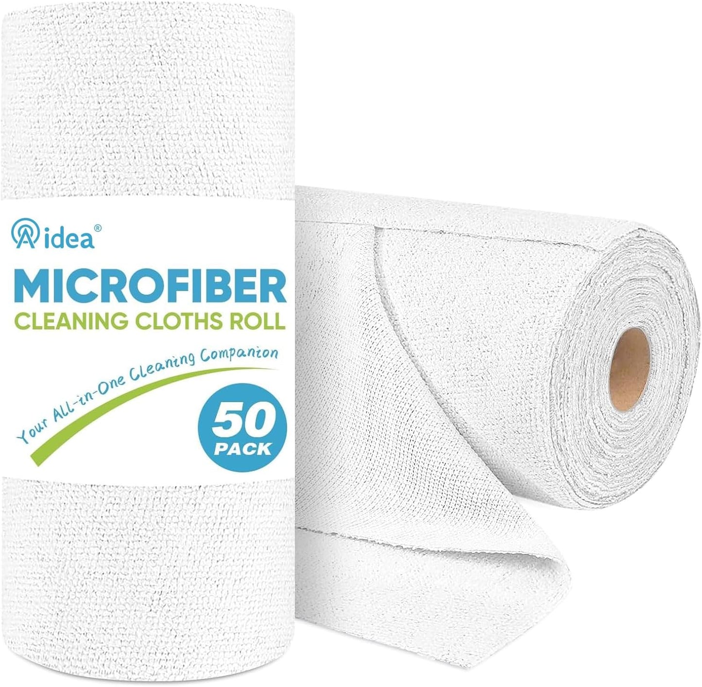 AIDEA Microfiber Cleaning Cloth Roll, White 50PK, Tear Away Reusable Paper Towels, Commercial Shop Rags, Microfiber Towels for Cars, Lint Free Rags for House, Kitchen, Automotive, 11.5"×11.5"