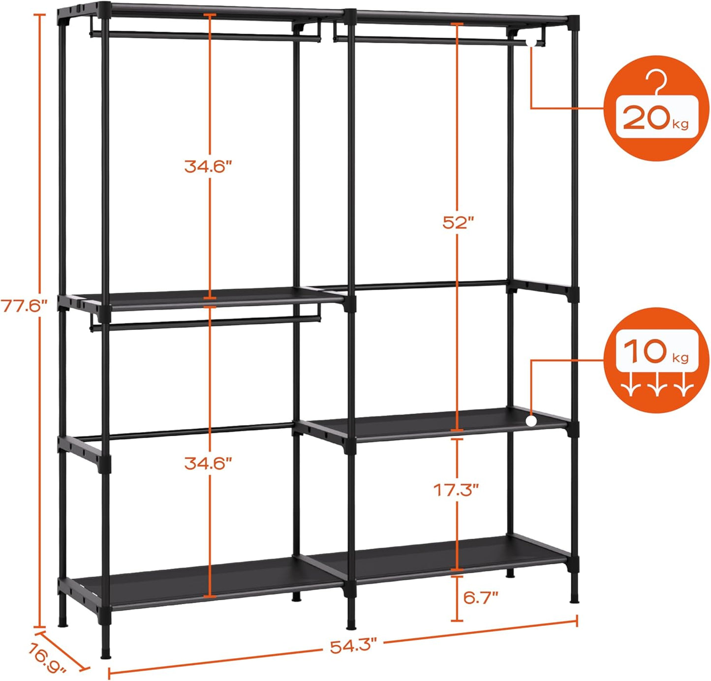 Clothes Rack, Portable Closet, 54.3 Inch Large Capacity Wardrobe Closet, Clothes Storage Organizer with Shelves and 3 Hanging Rods, Easy to Assembly, Black PCT022B01