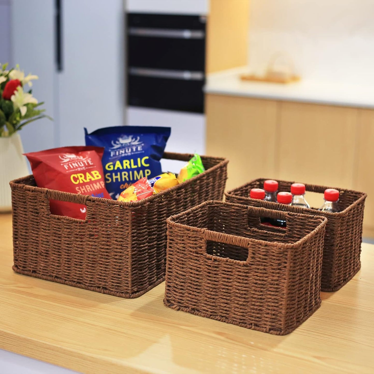 HOONEX Large Woven Baskets for Storage, Paper Rope Baskets with Sturdy Metal Wire Frame, Baskets for Shelves, Set of 3, Dark Brown