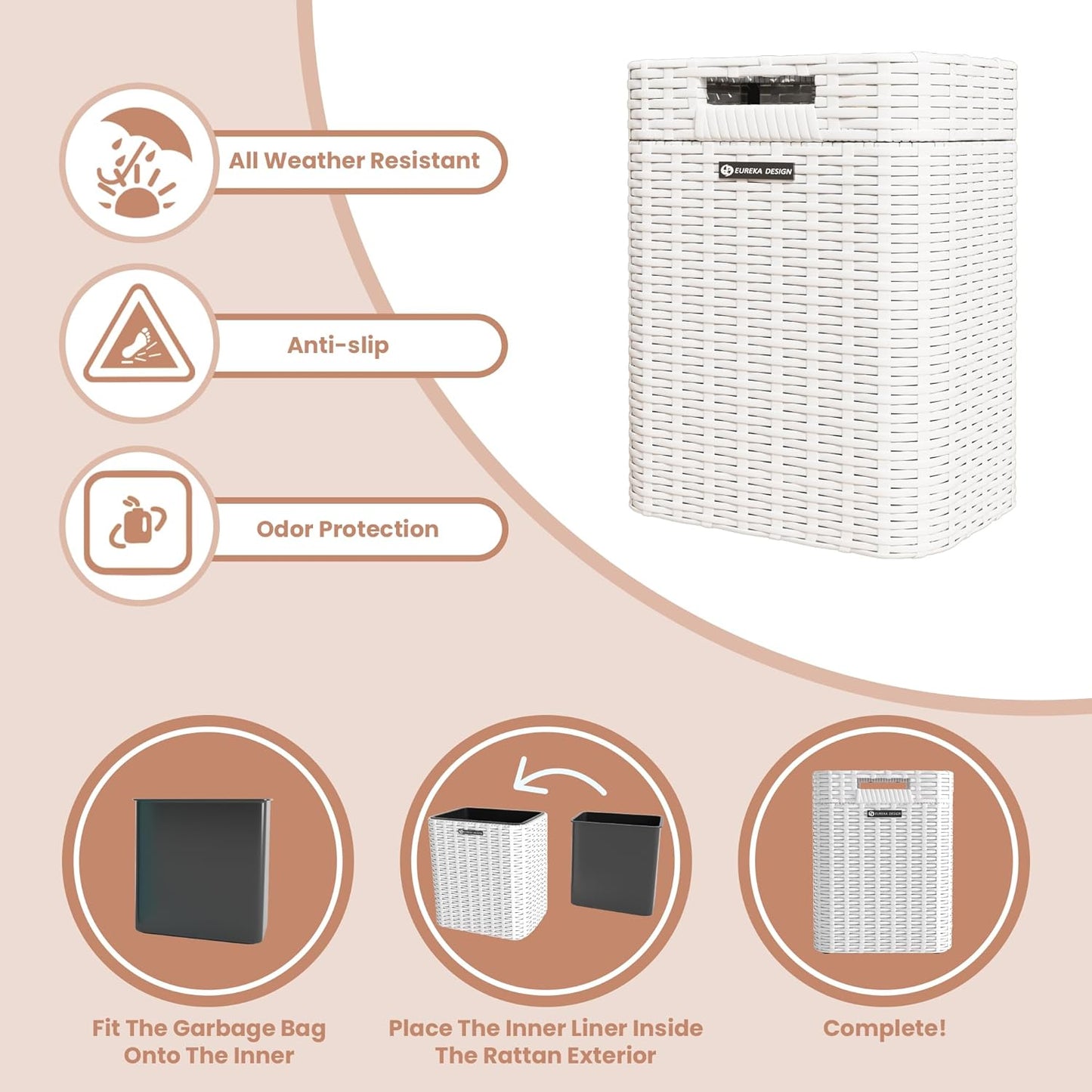 Ypati Handwoven 4 Gallon Rattan Trash Can with Lid, Boho Style Decorative Indoor and Outdoor Trash Bin with Shelf, Waste Basket for Bathroom, Patio, Study, with Trash Bags, Porcelain White, Eureka